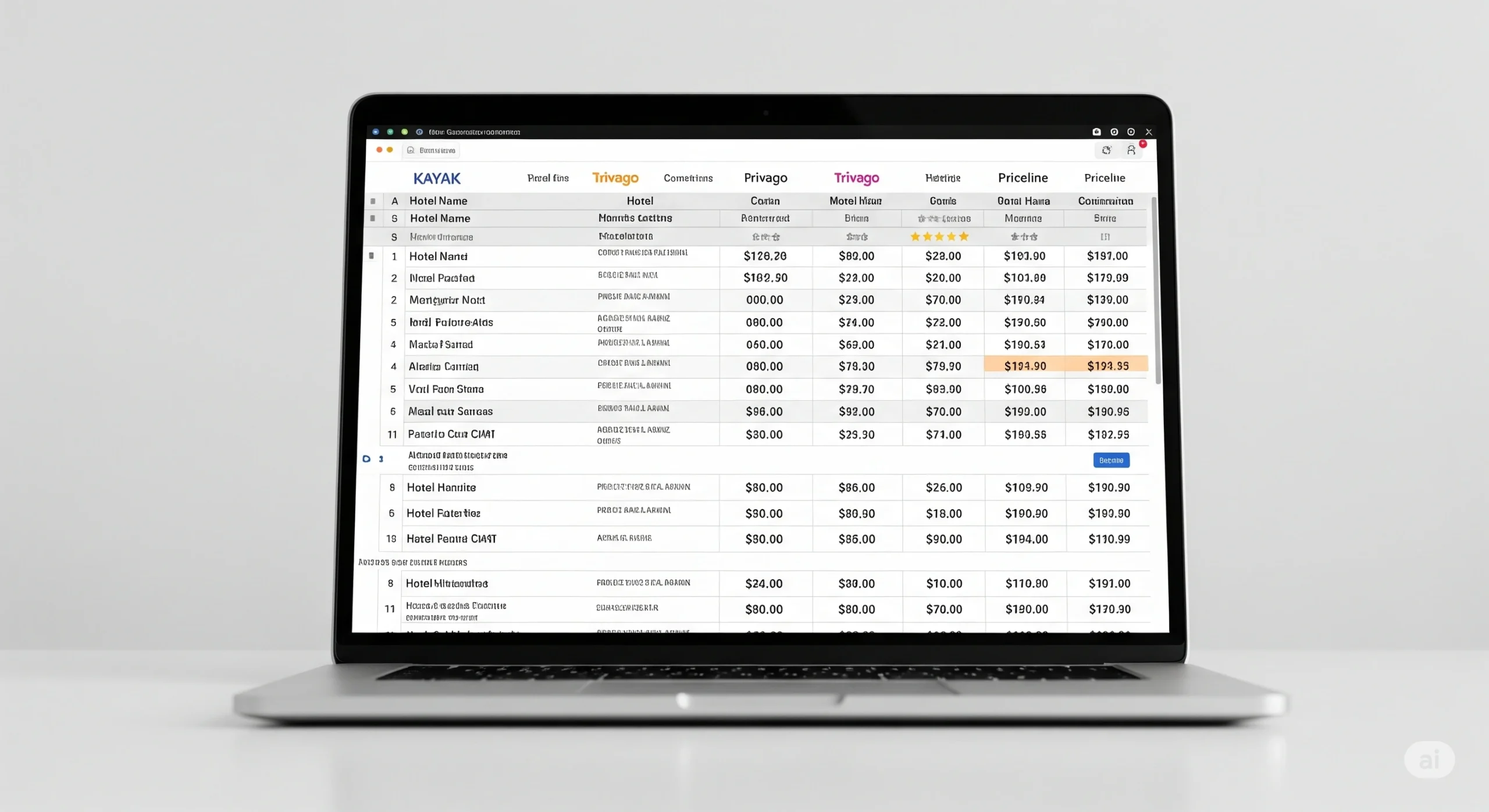 A comparison table on a laptop screen showing different hotel booking websites with prices for exclusive hotel deals Palm Jumeirah.