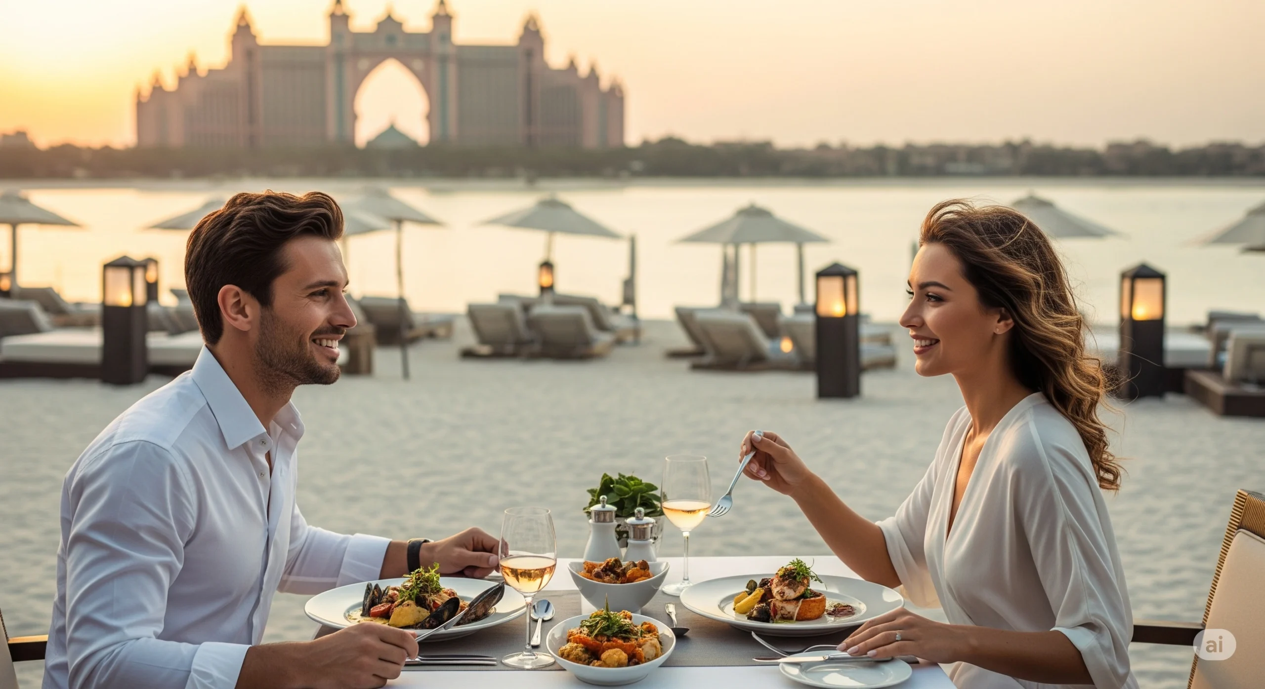 A couple enjoying a romantic dinner at a beachfront restaurant on Palm Jumeirah.