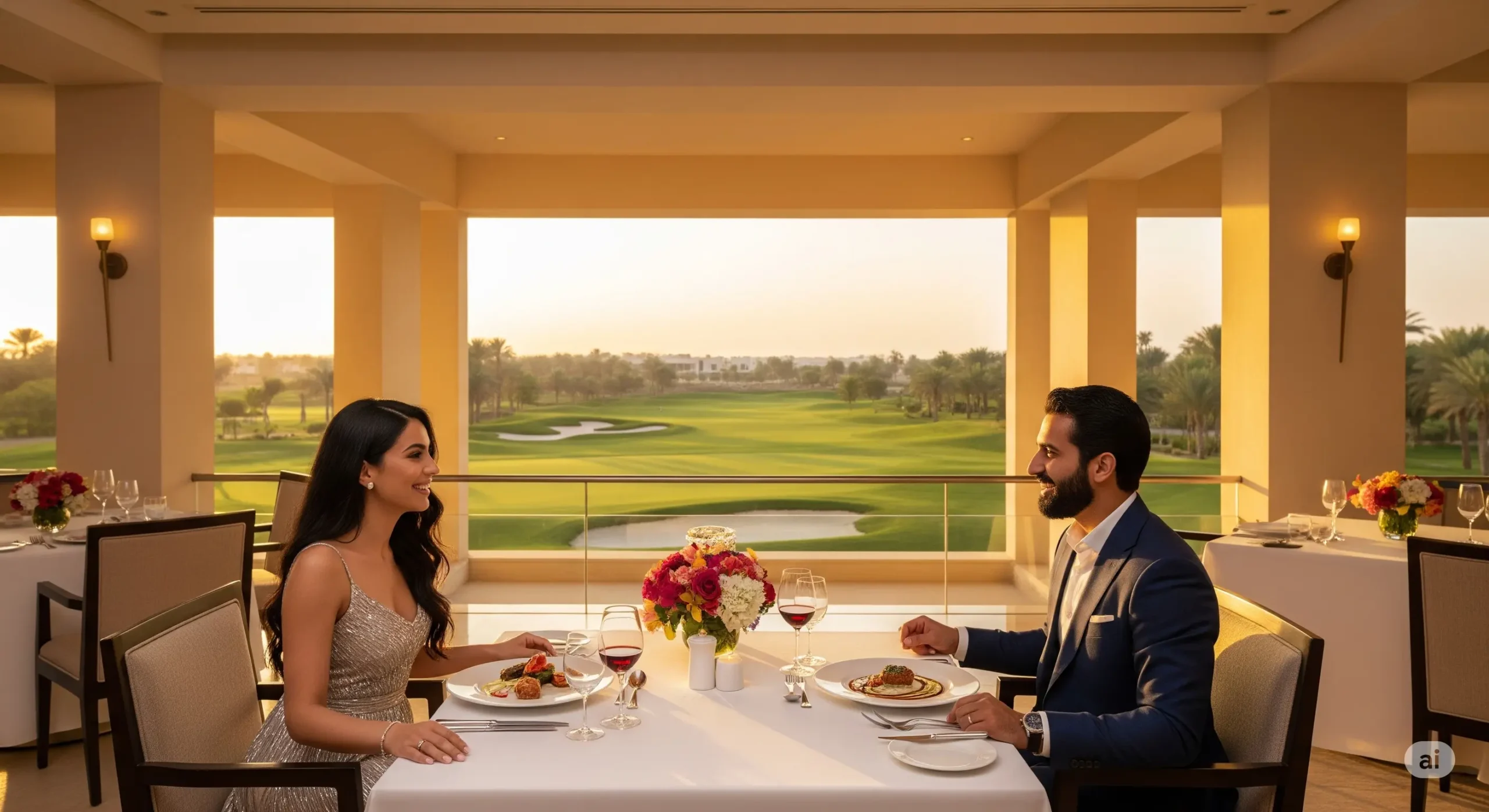 A couple enjoying fine dining at a restaurant overlooking a golf course in the UAE, showcasing a premium experience.