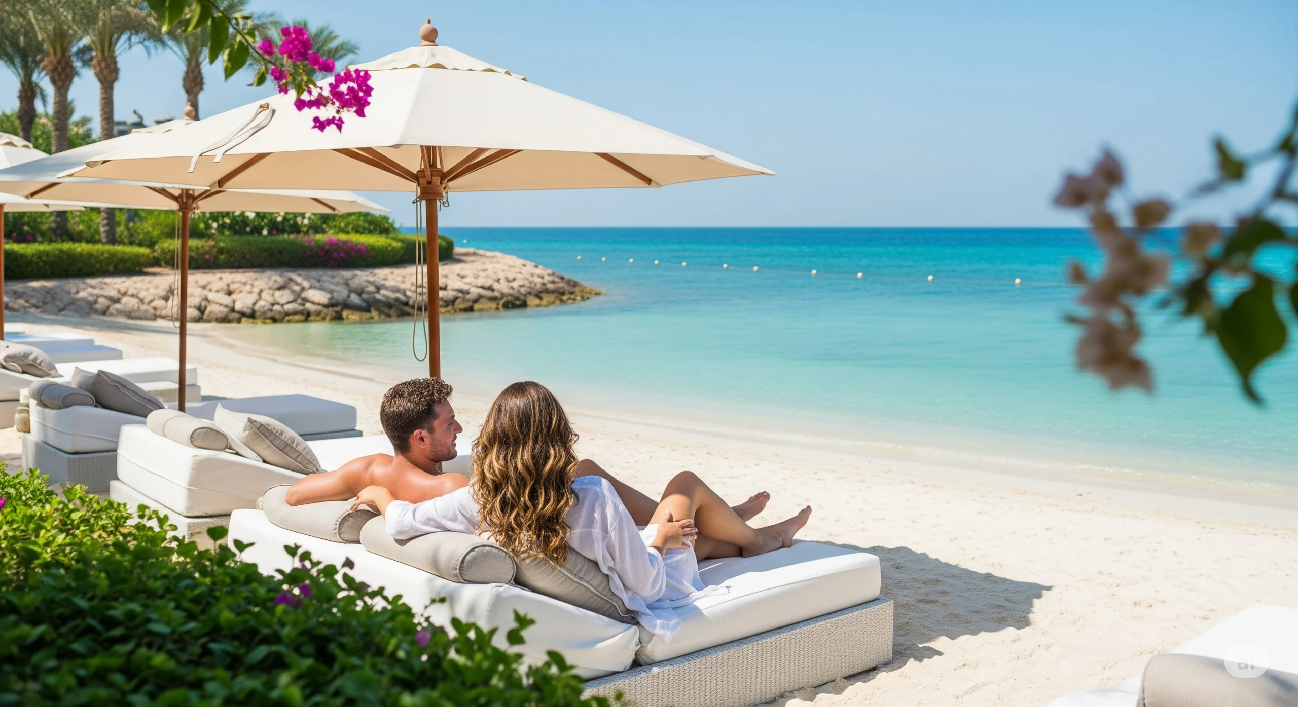 A couple relaxing on a private beach at an all-inclusive luxury resort in Ras Al Khaimah, with clear blue water and sunny skies.