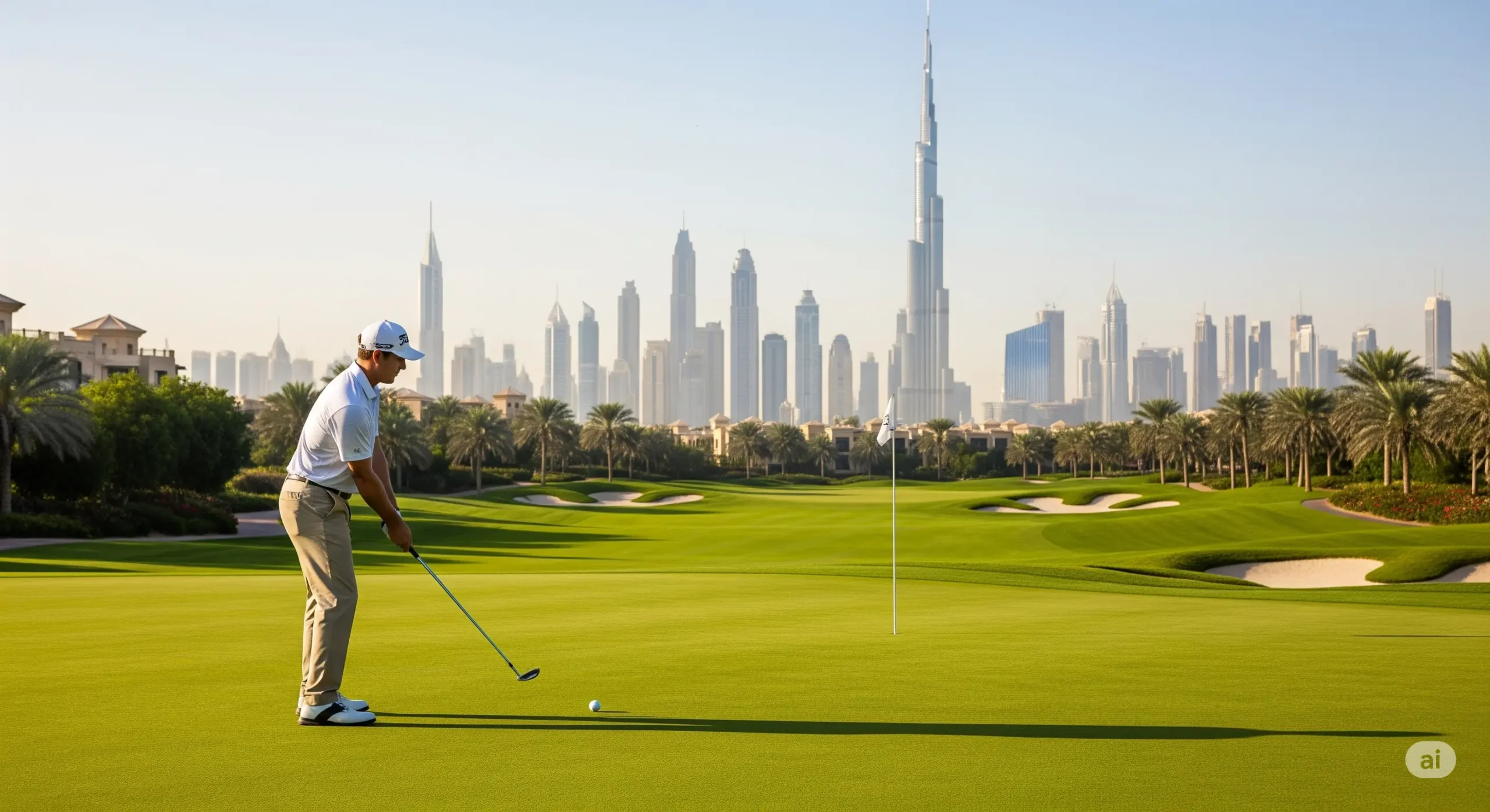 A golfer on a pristine green at Emirates Golf Club, Dubai, with the city skyline in the background.