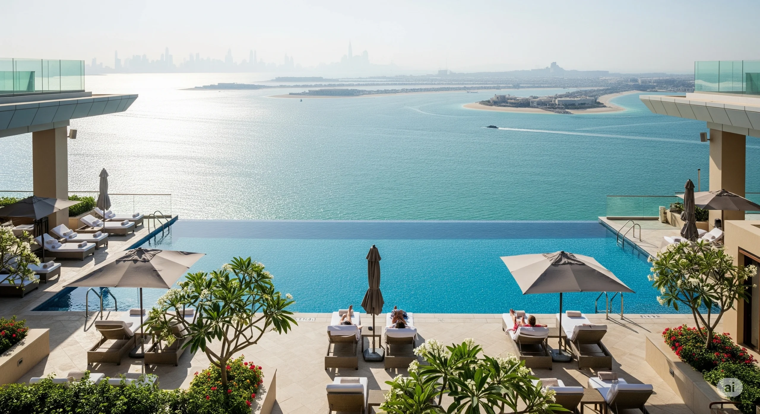A luxurious hotel infinity pool overlooking the Arabian Gulf on Palm Jumeirah.