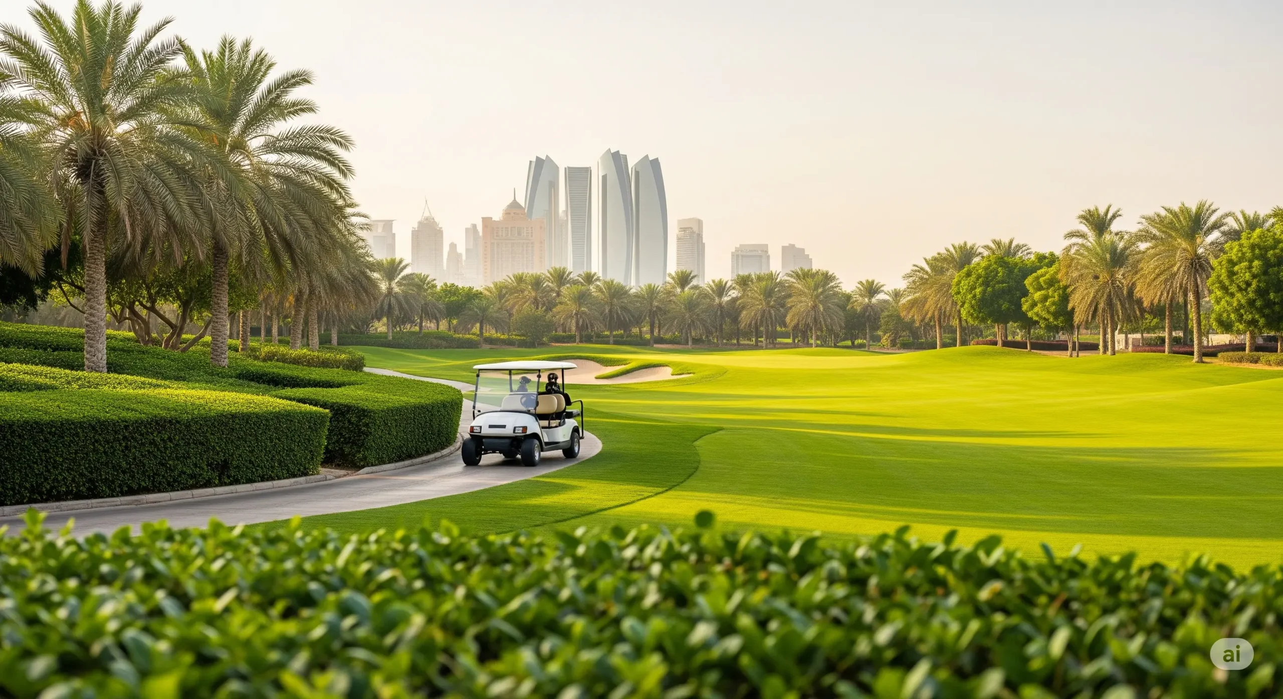 A private buggy on a lush golf course path at a high-end resort in Abu Dhabi.