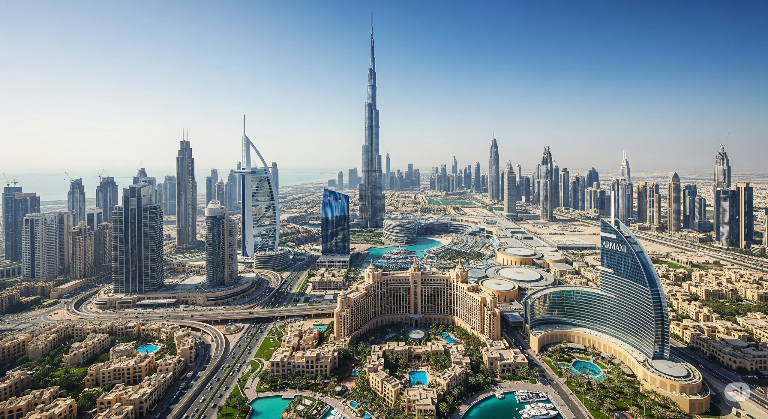 Aerial view Dubai cityscape luxury hotels.