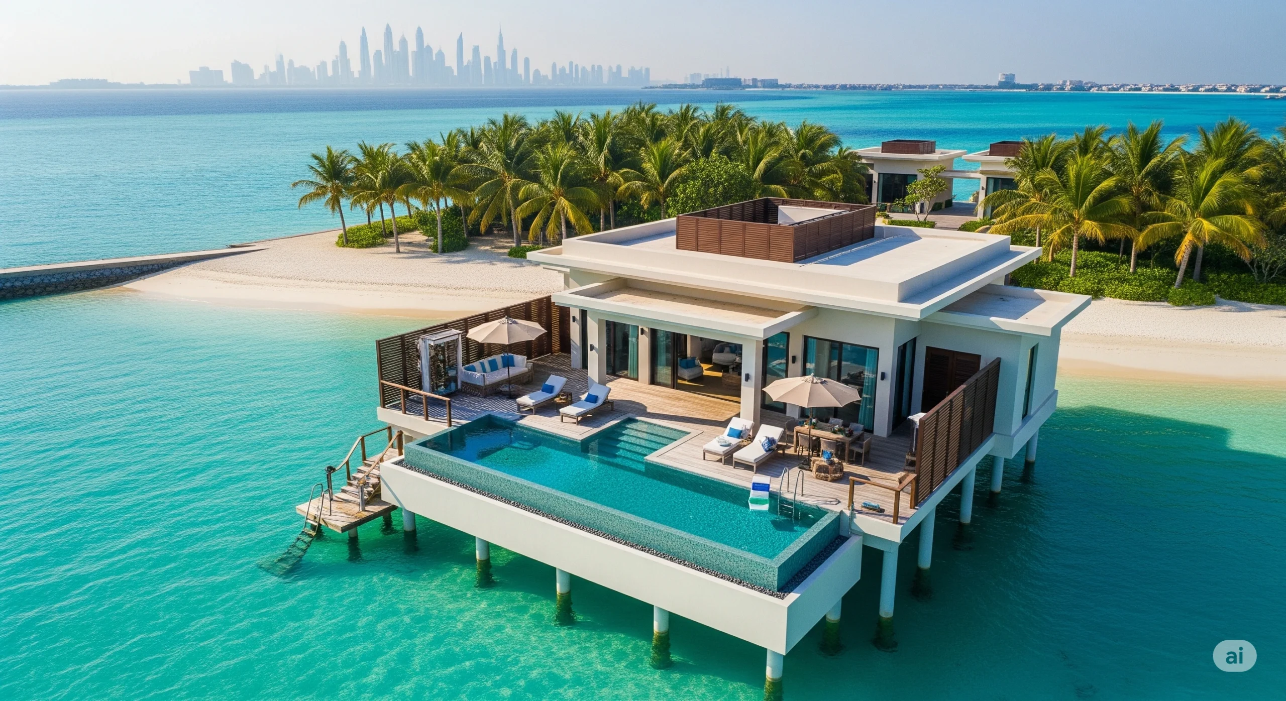 Aerial view of Anantara World Islands Dubai Resort overwater private villa for honeymoon.
