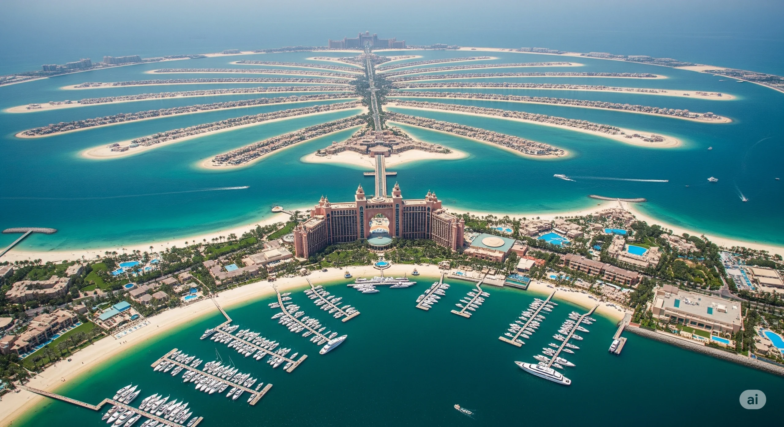 Aerial view of Palm Jumeirah with luxury hotels.