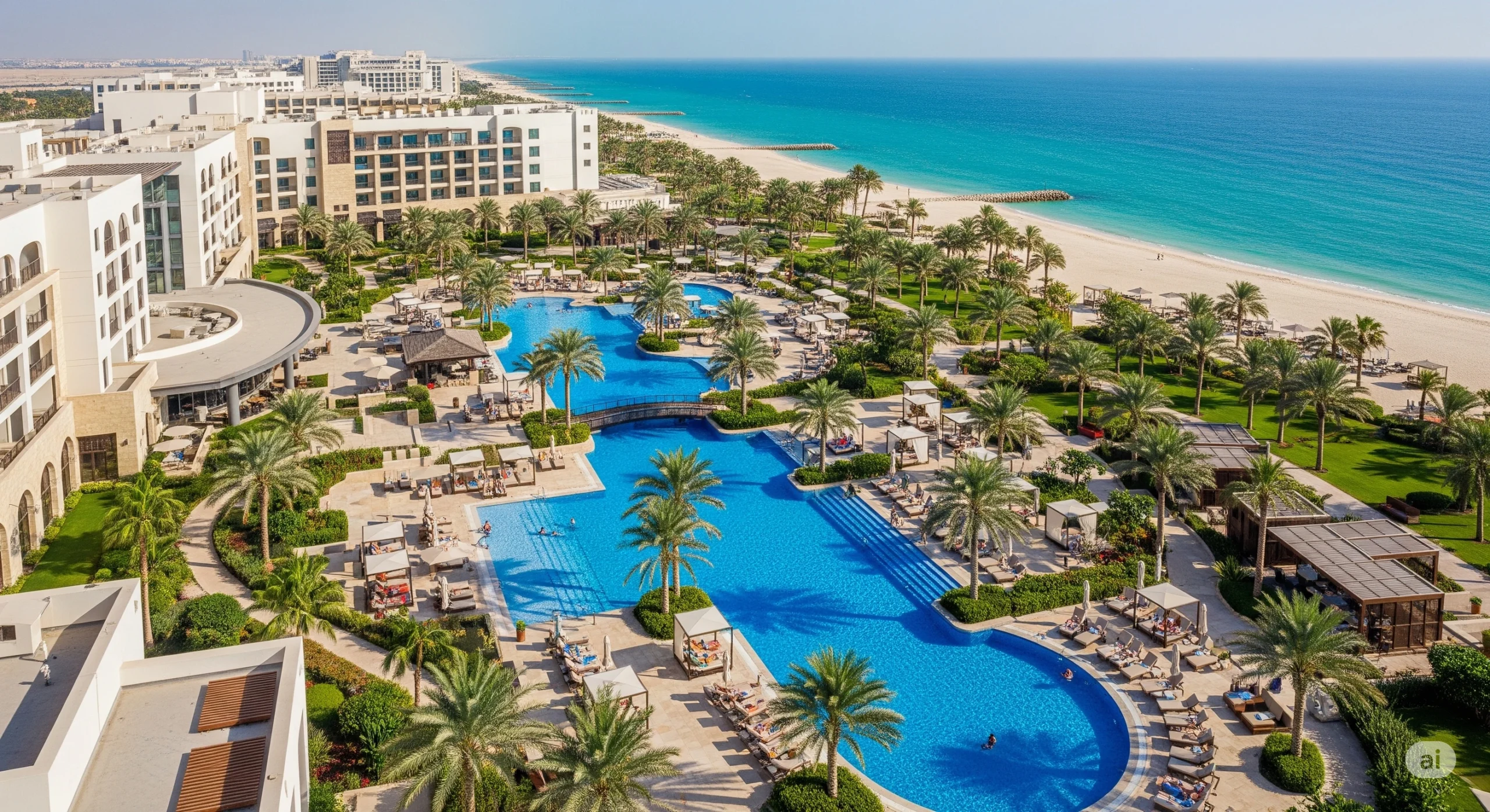 Aerial view of a stunning all-inclusive luxury resort in Ras Al Khaimah with a large swimming pool and beach access.
