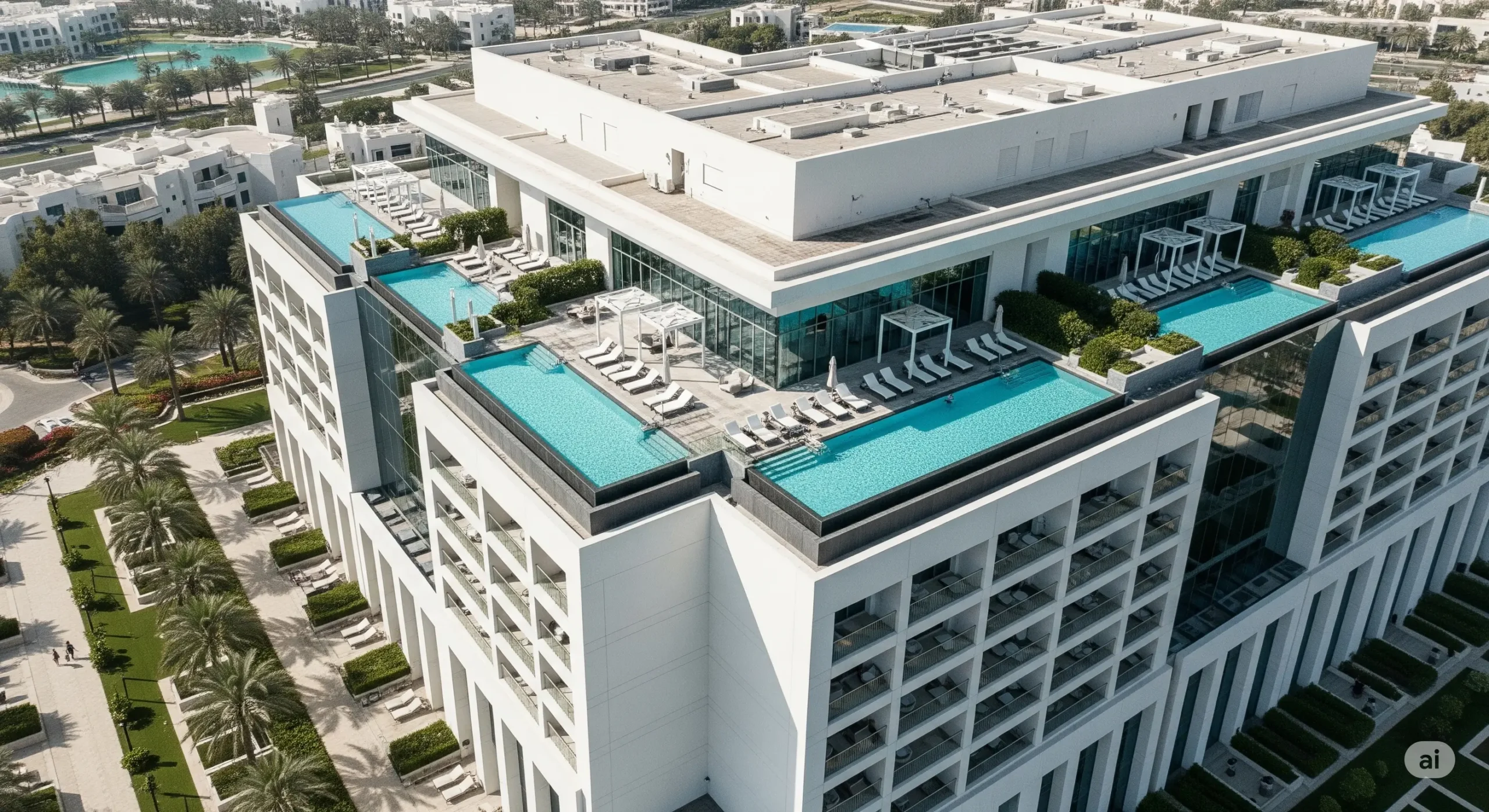 Aerial view of a stunning luxury hotel in Abu Dhabi with an exclusive rooftop area.