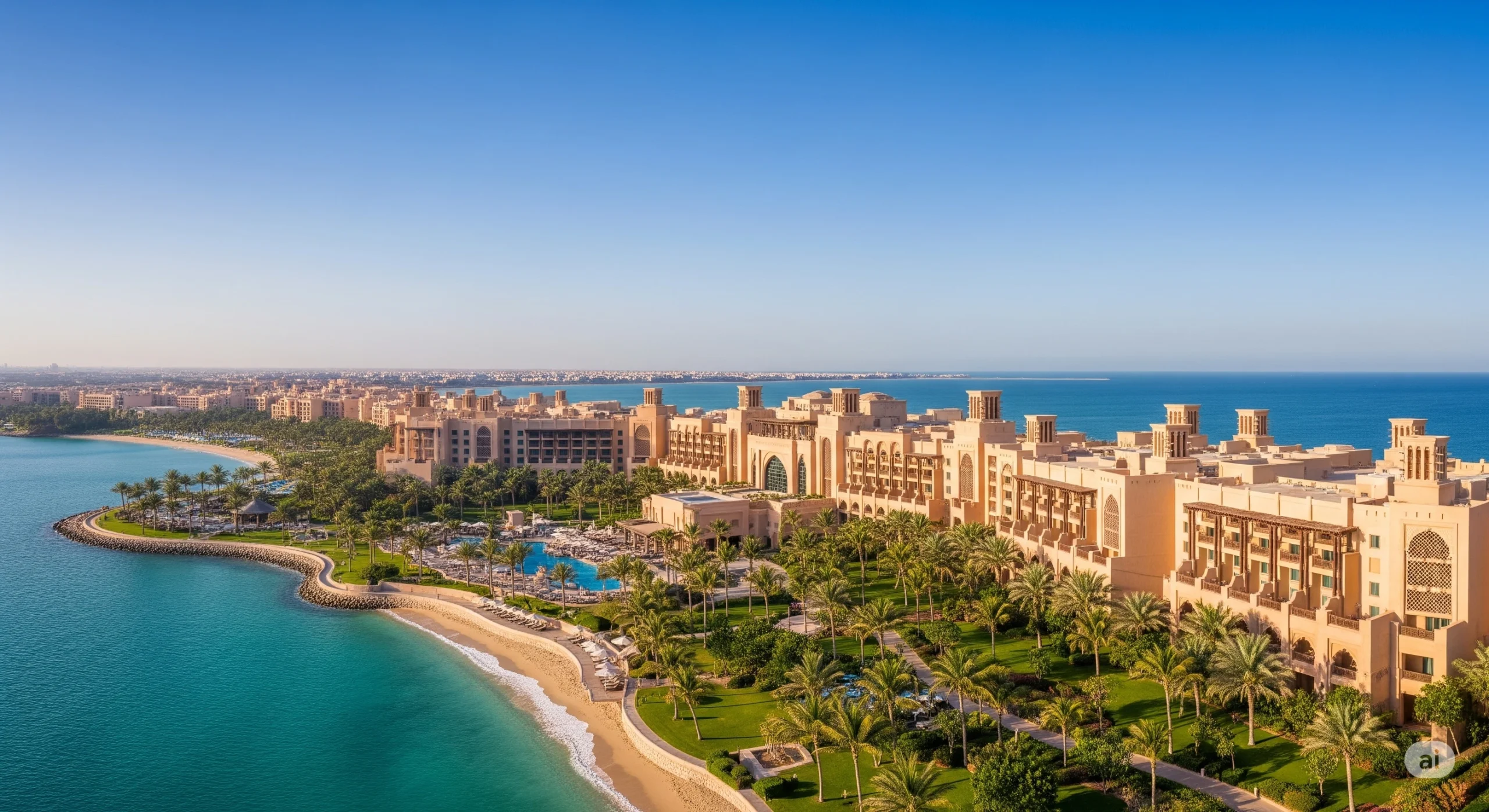 Alt Text Panoramic view of The Cove Rotana Resort with traditional Arabian architecture and a tranquil bay in Ras Al Khaimah.