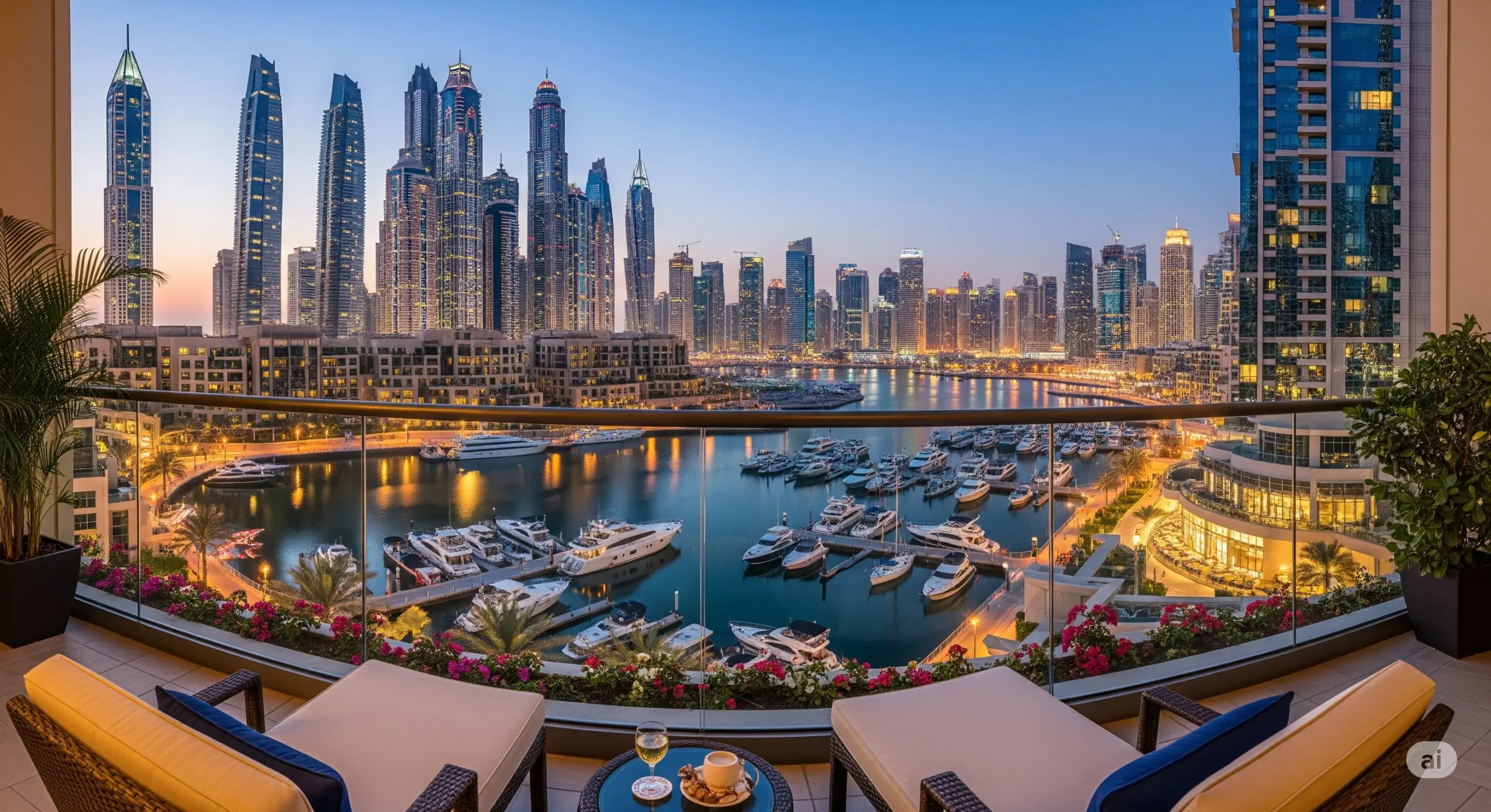 Best Dubai Marina panoramic view from hotel balcony.