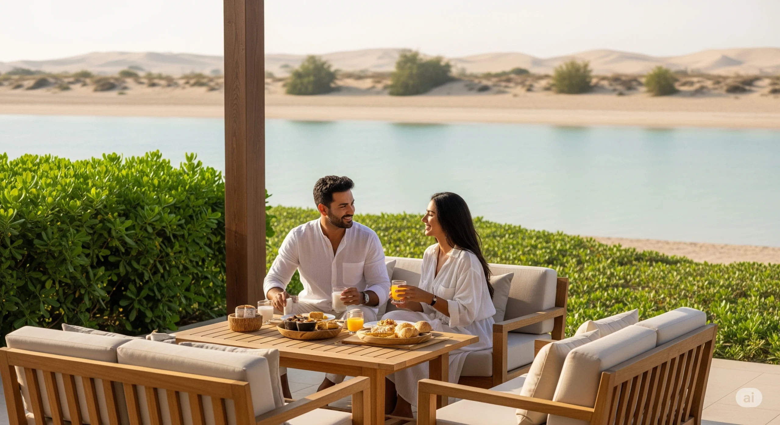 Couple enjoying breakfast at a luxurious private villa in UAE for honeymoon.