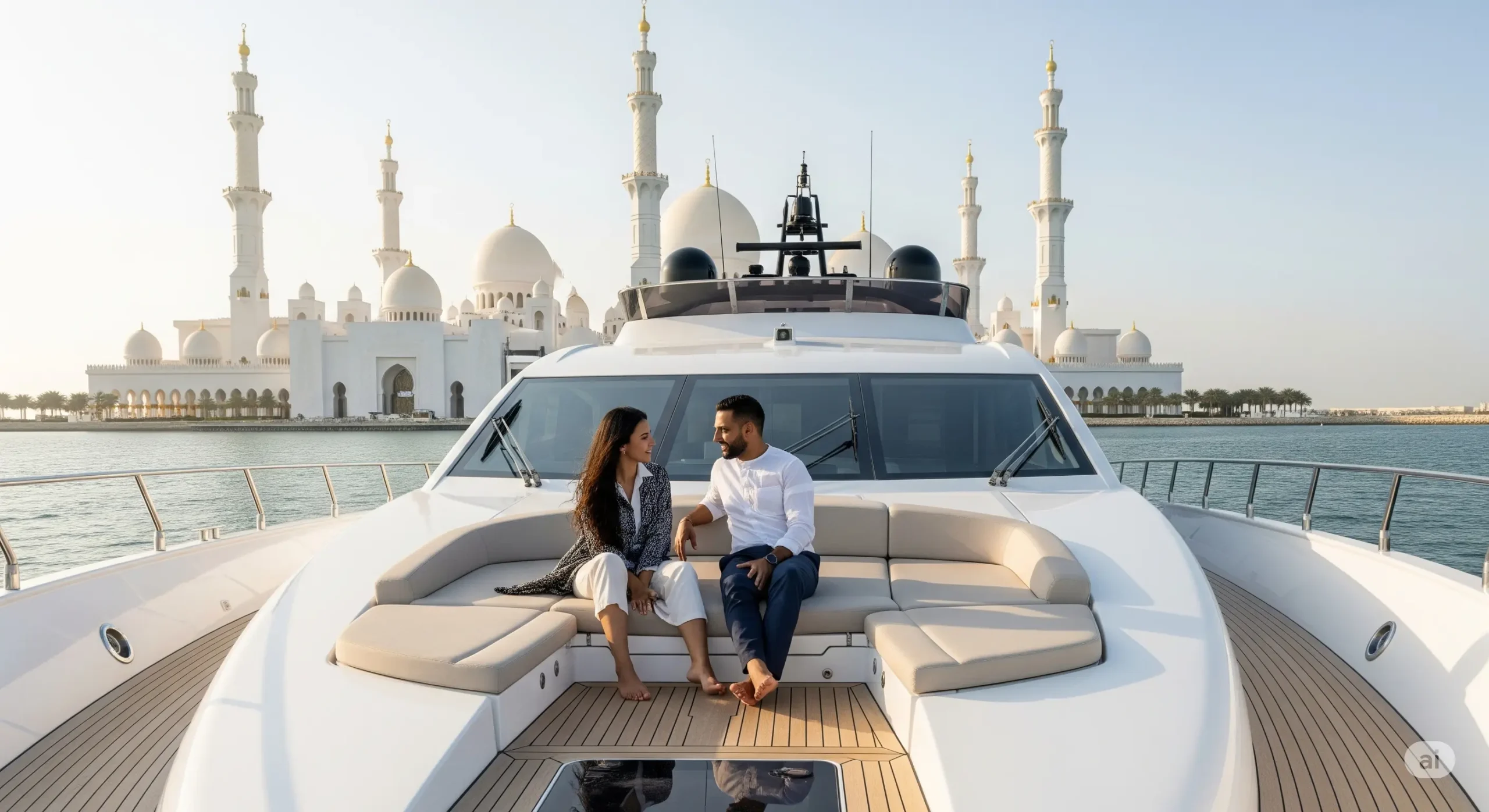 Couple relaxing on a high-end yacht with Sheikh Zayed Grand Mosque view, highlighting Abu Dhabi yacht charter hotels.