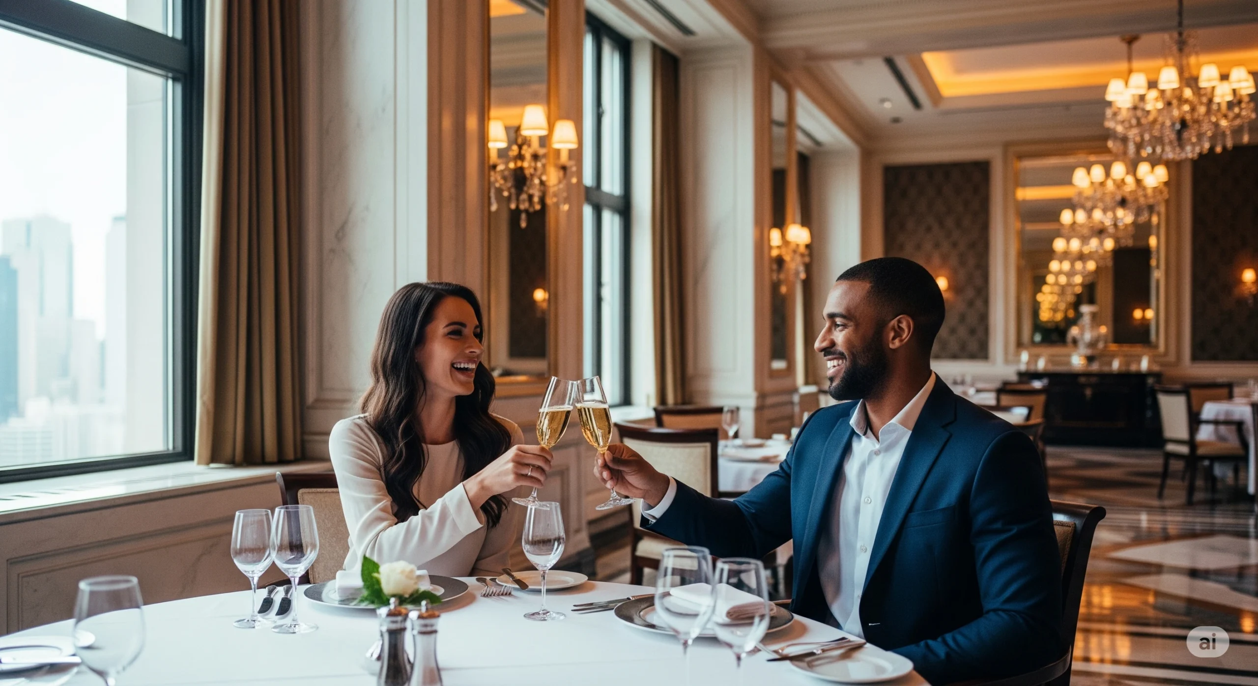 Couple toasting with champagne in a luxury UAE private villa for honeymoon.