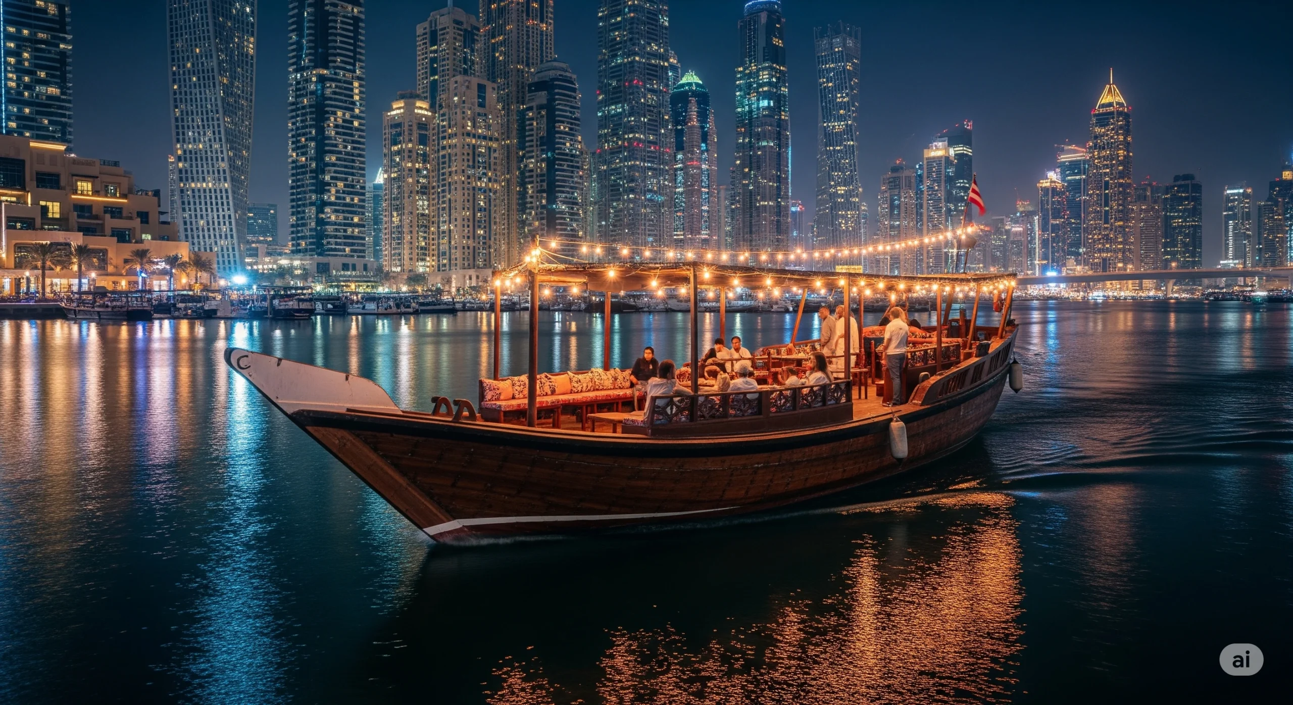 Dhow cruise in Dubai Marina at night.