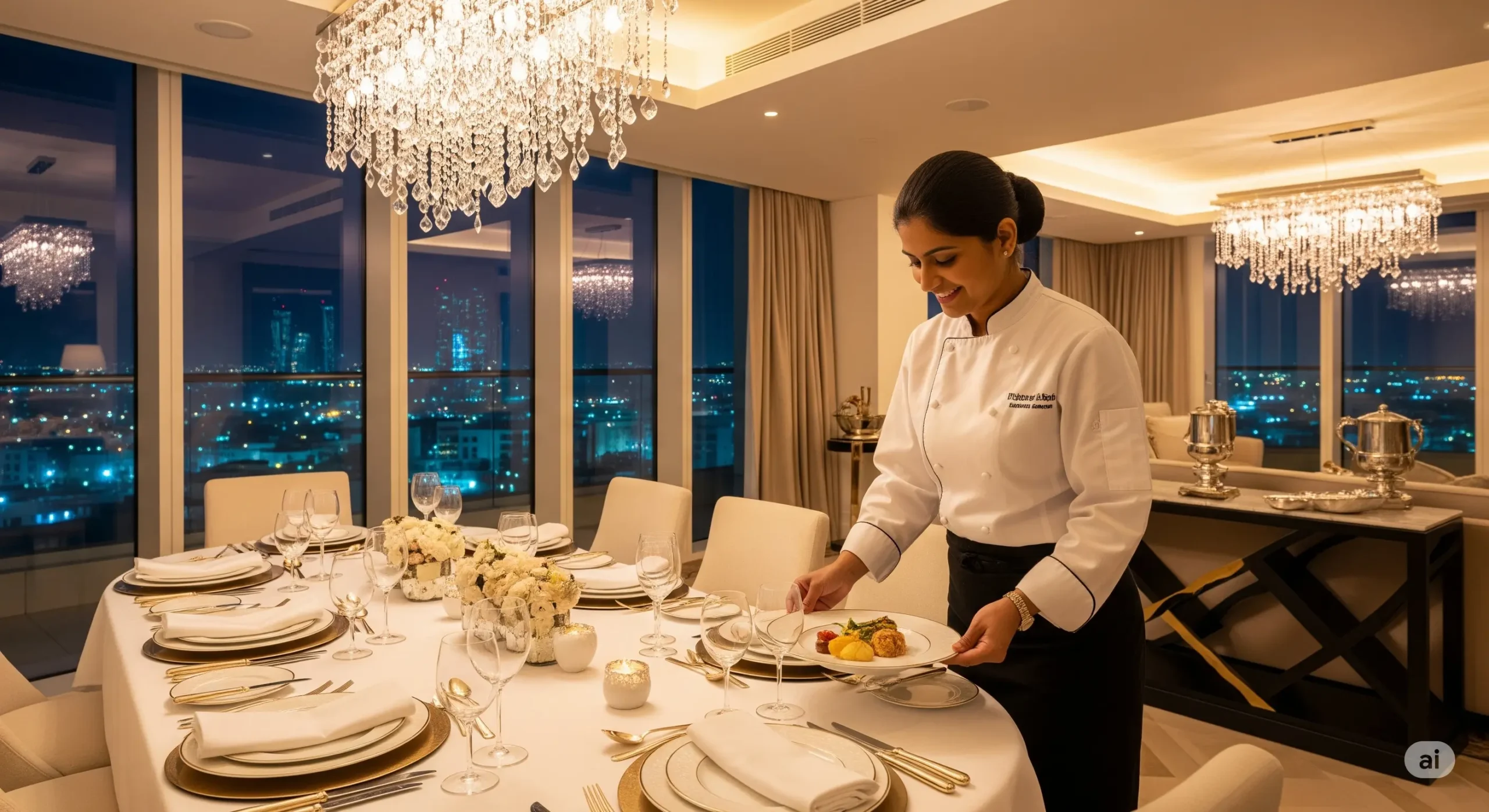 Gourmet dining experience in a lavish Abu Dhabi penthouse dining room with a private chef.