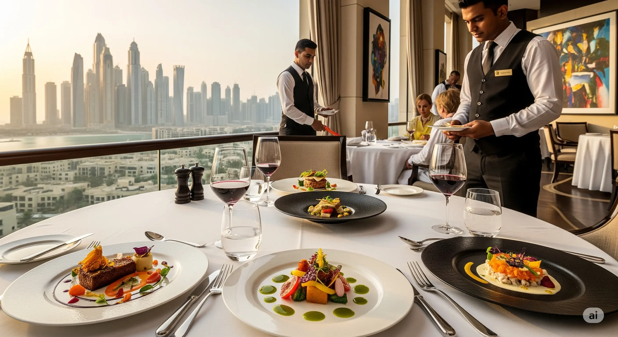 Gourmet fine dining experience at a Dubai luxury resort with a view, indicating premium culinary offerings.