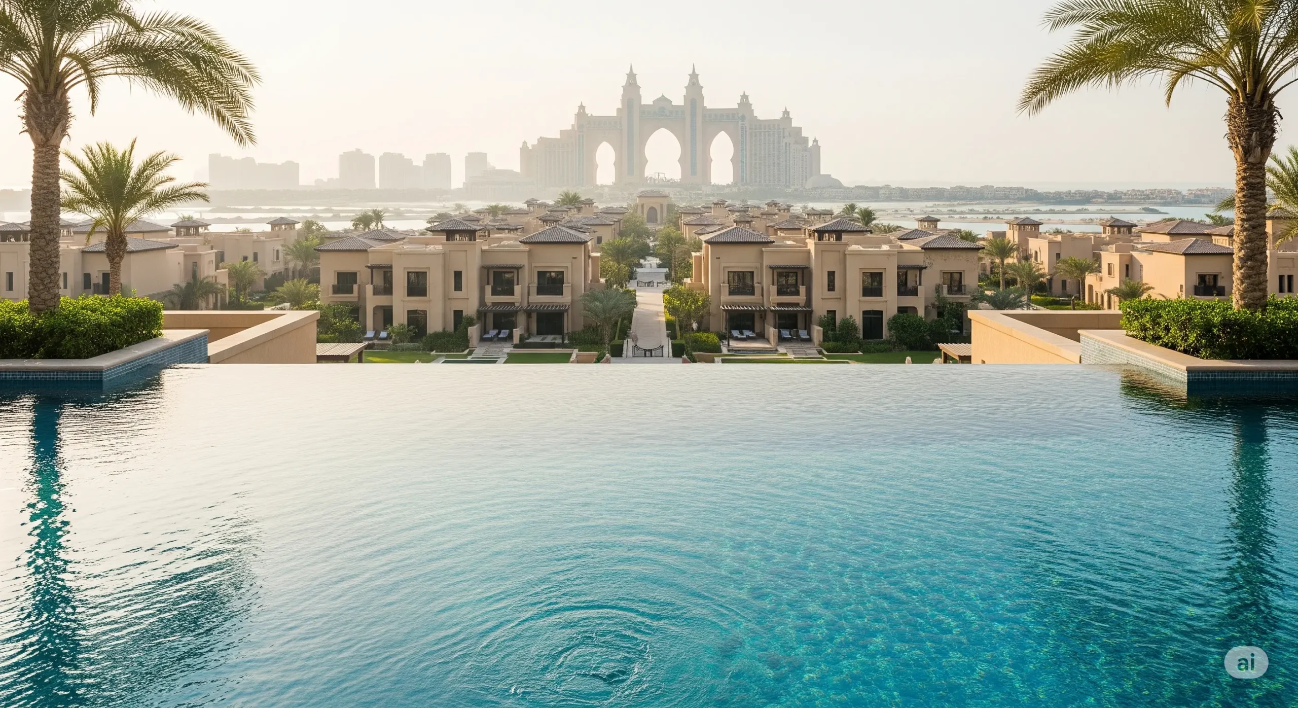 Infinity pool overlooking Palm Jumeirah villas at a luxury resort, highlighting premium design.