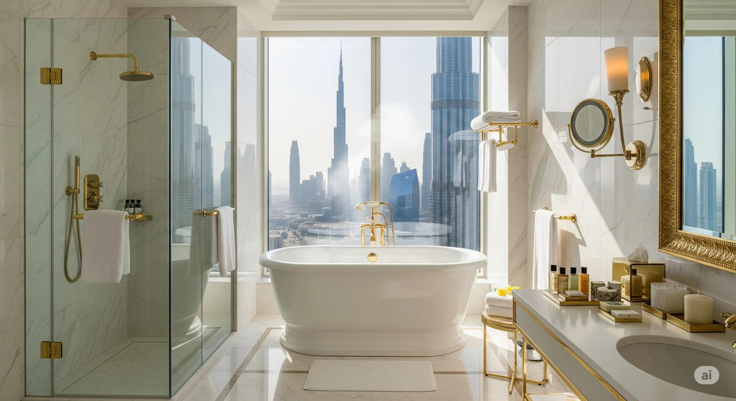 Luxurious bathroom in Dubai elite hotel suite.