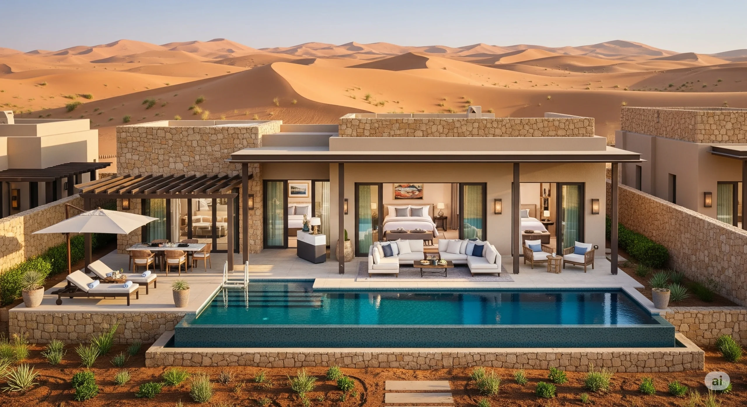 Luxurious private villa with a pool at The Ritz-Carlton Ras Al Khaimah, Al Wadi Desert, surrounded by desert landscape.