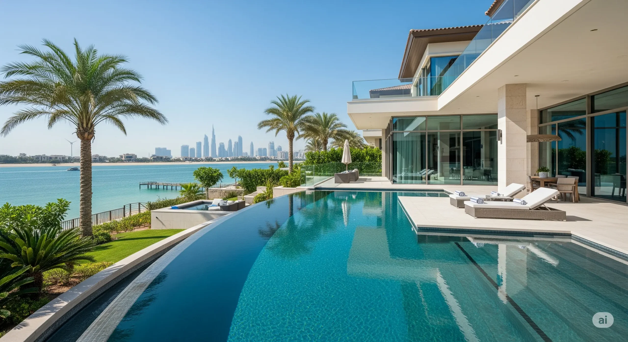 Luxurious private villa with a pool on Palm Jumeirah, showcasing high-end accommodation.