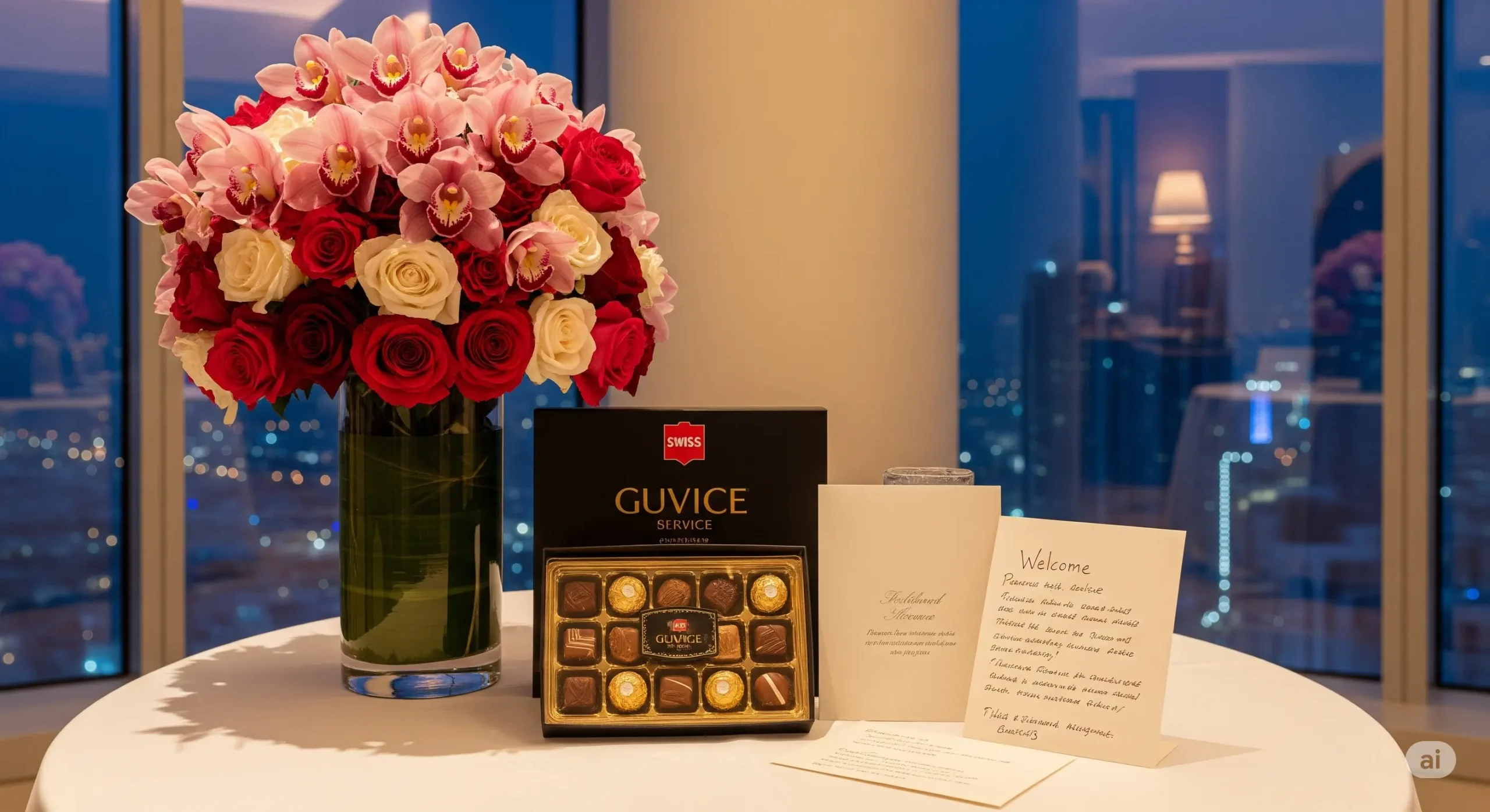 Luxurious welcome amenity setup in an Abu Dhabi penthouse, emphasizing premium service.