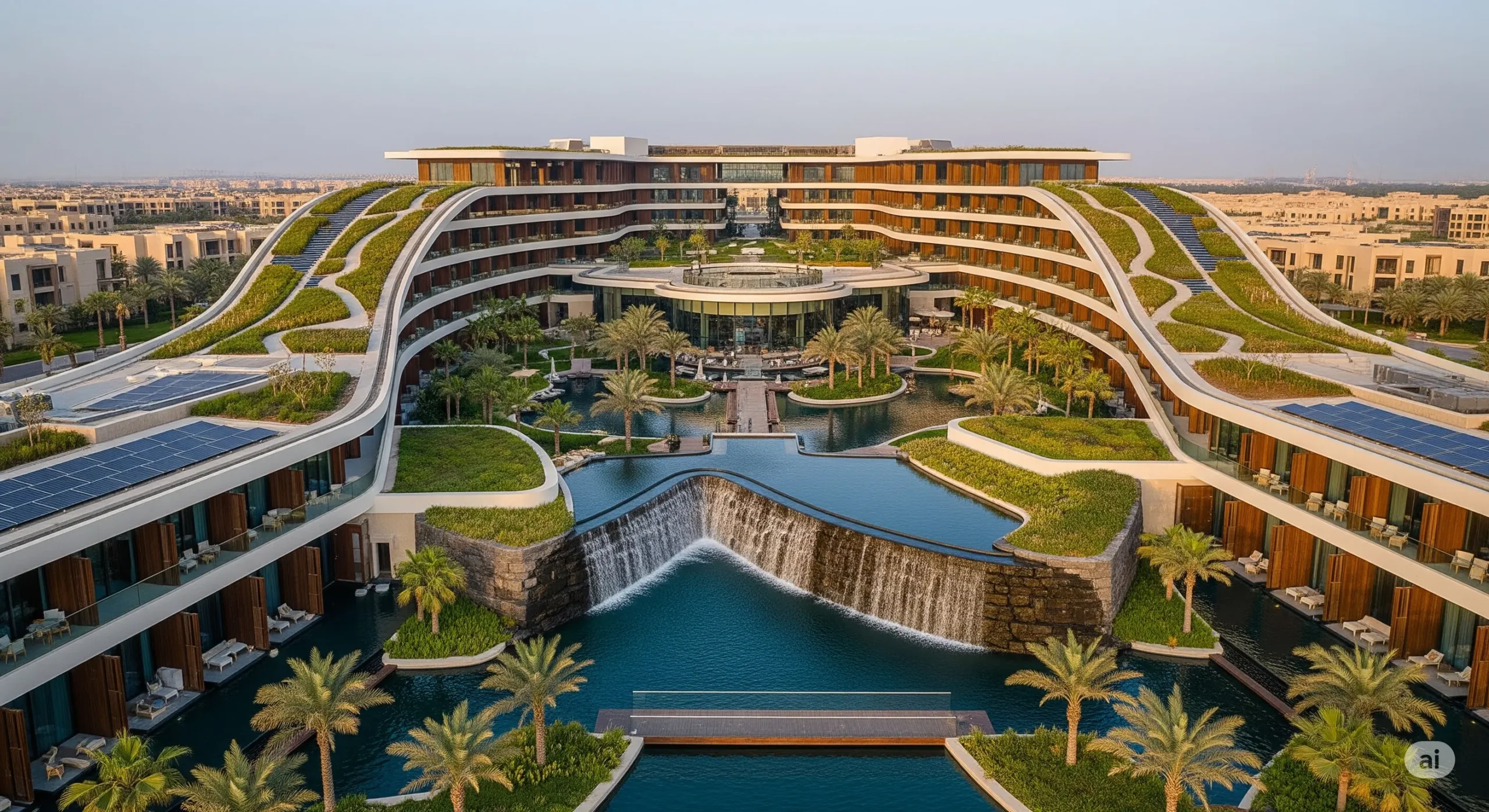 Modern, eco-friendly luxury resort architecture in Dubai with water features, showing sustainable luxury.