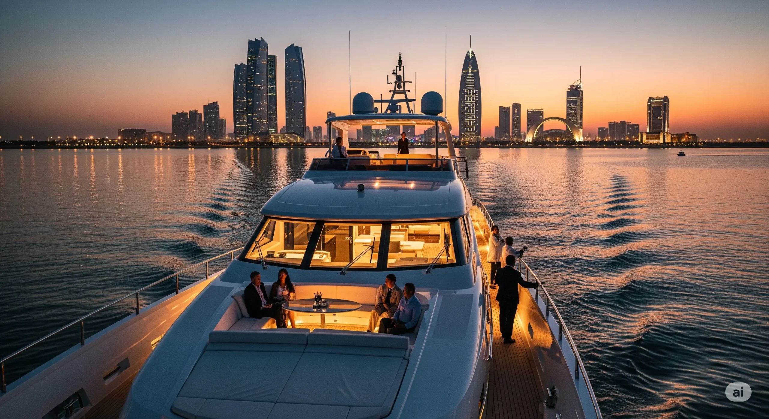 Modern luxury yacht cruising past the illuminated Abu Dhabi skyline, emphasizing yacht charter hotels experience.