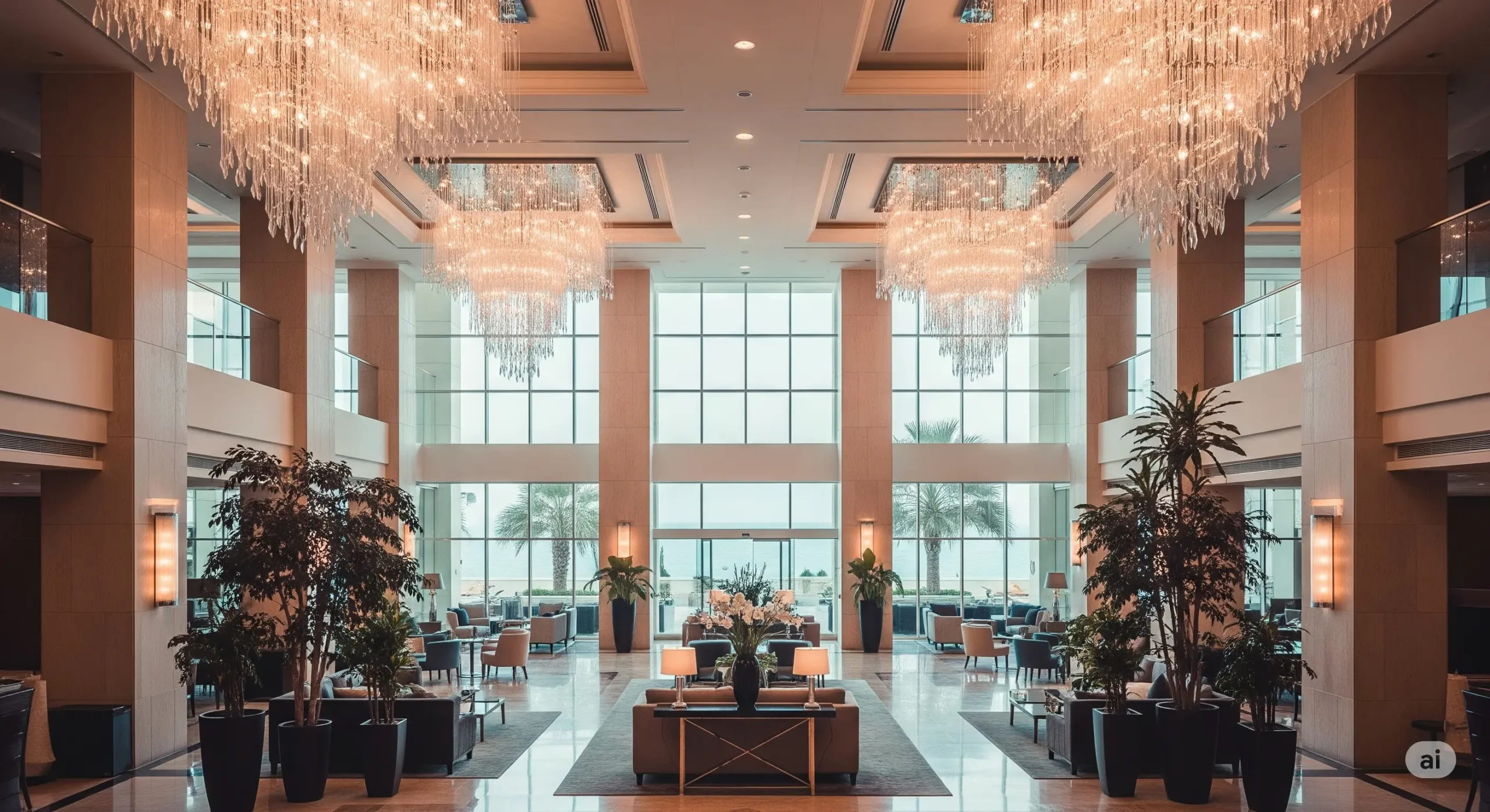 Opulent Dubai hotel lobby with crystal chandeliers and a view of the sea, signaling luxury.