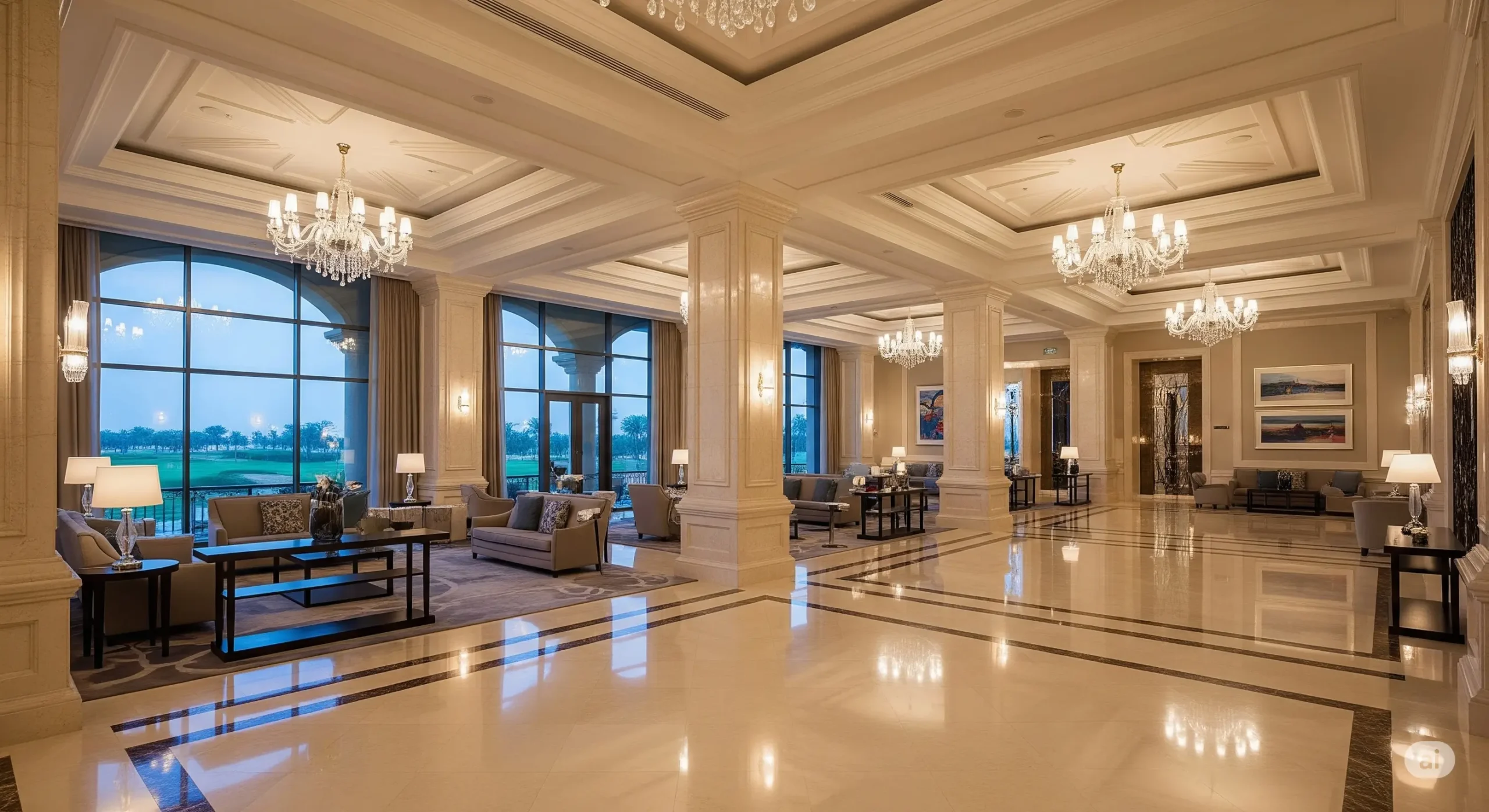 Opulent lobby of a Dubai golf hotel with marble floors and grand architecture, signaling luxury.