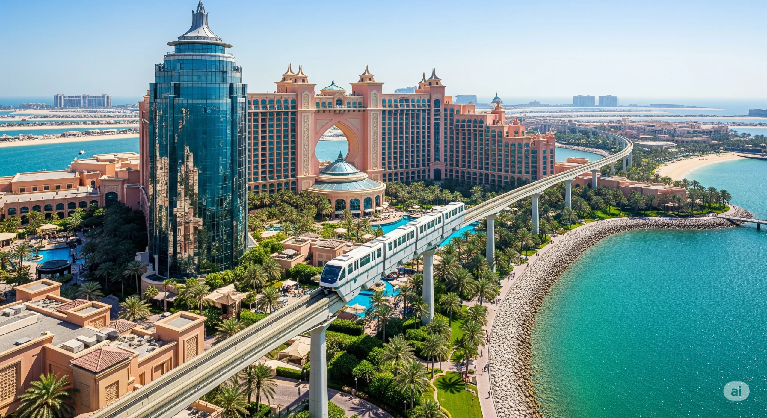 Palm Monorail passing by hotels on Palm Jumeirah.