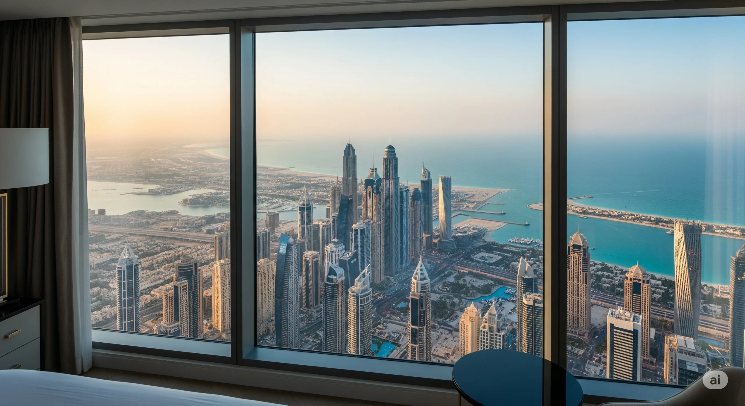 Panoramic view from Dubai elite hotel suite.
