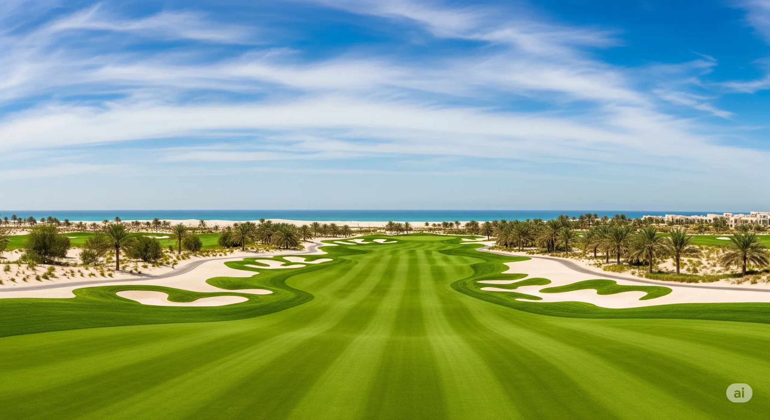 Panoramic view of a luxury golf course in Abu Dhabi with the Arabian Gulf in the distance.