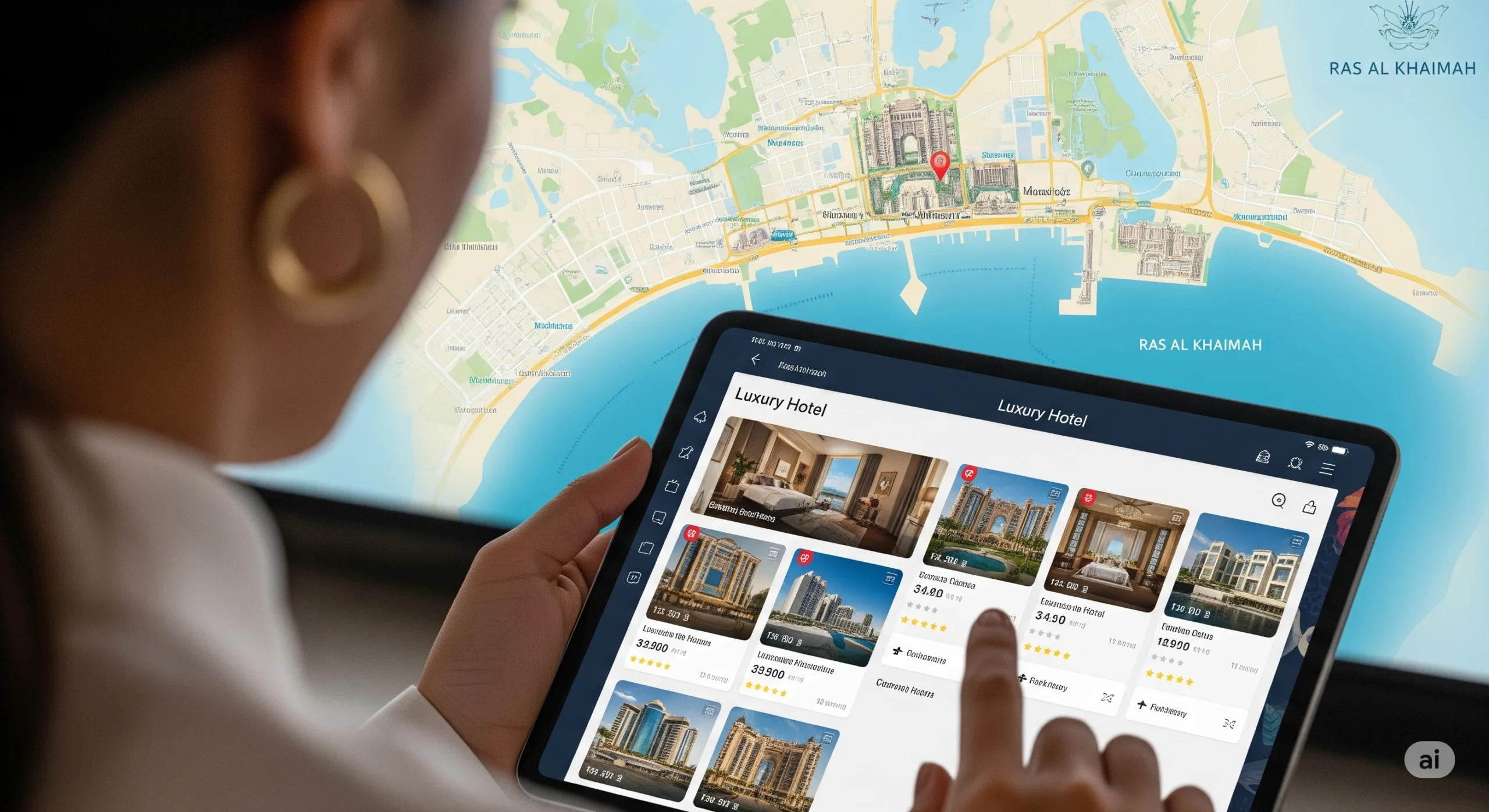 Person Browse all inclusive luxury resorts in Ras Al Khaimah on a tablet, with a map of the UAE in the background.