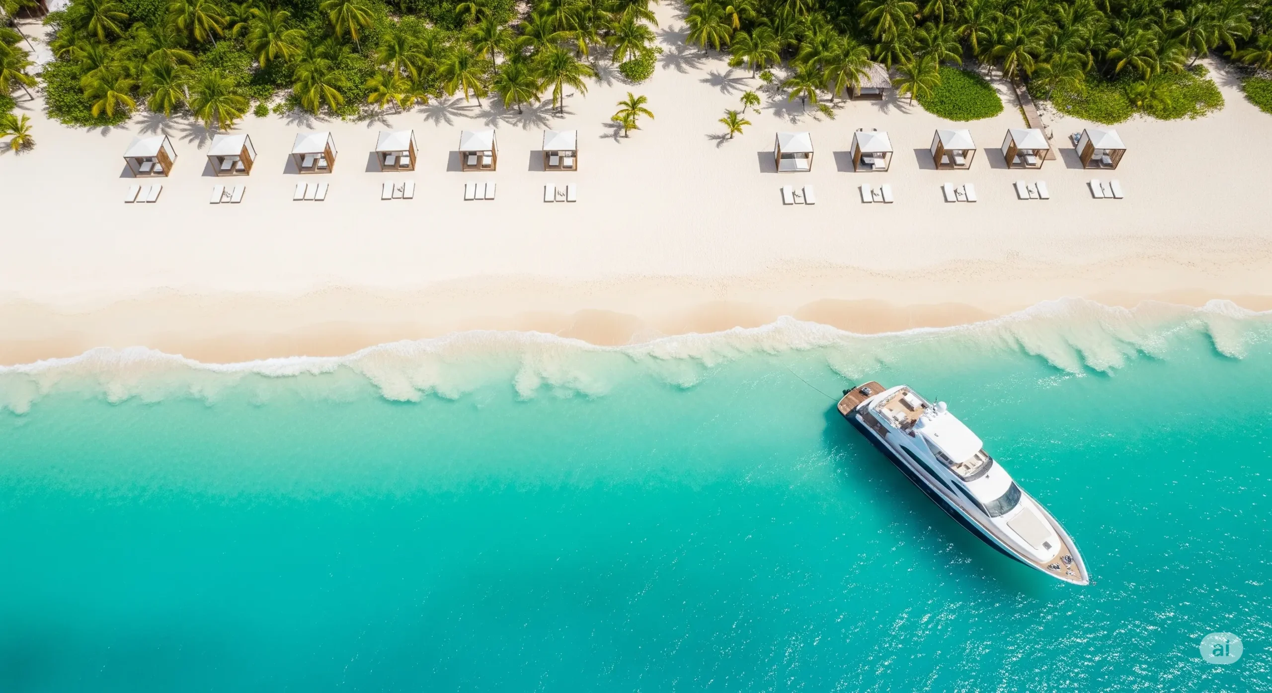 Pristine private beach with luxury amenities, representing the exclusive offerings of Abu Dhabi yacht charter hotels.