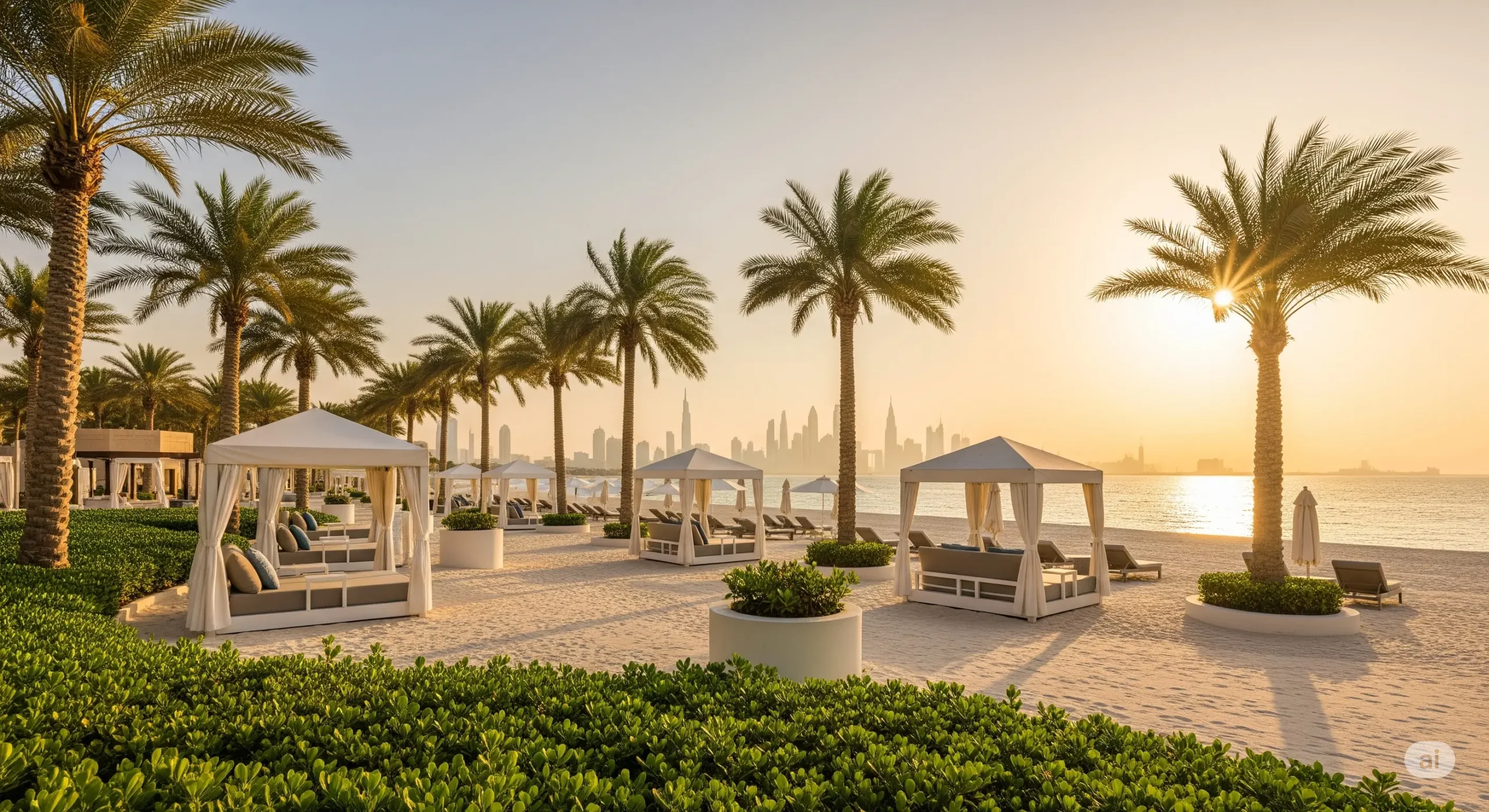 Private beach area at a serene Palm Jumeirah luxury resort, emphasizing exclusivity and relaxation.
