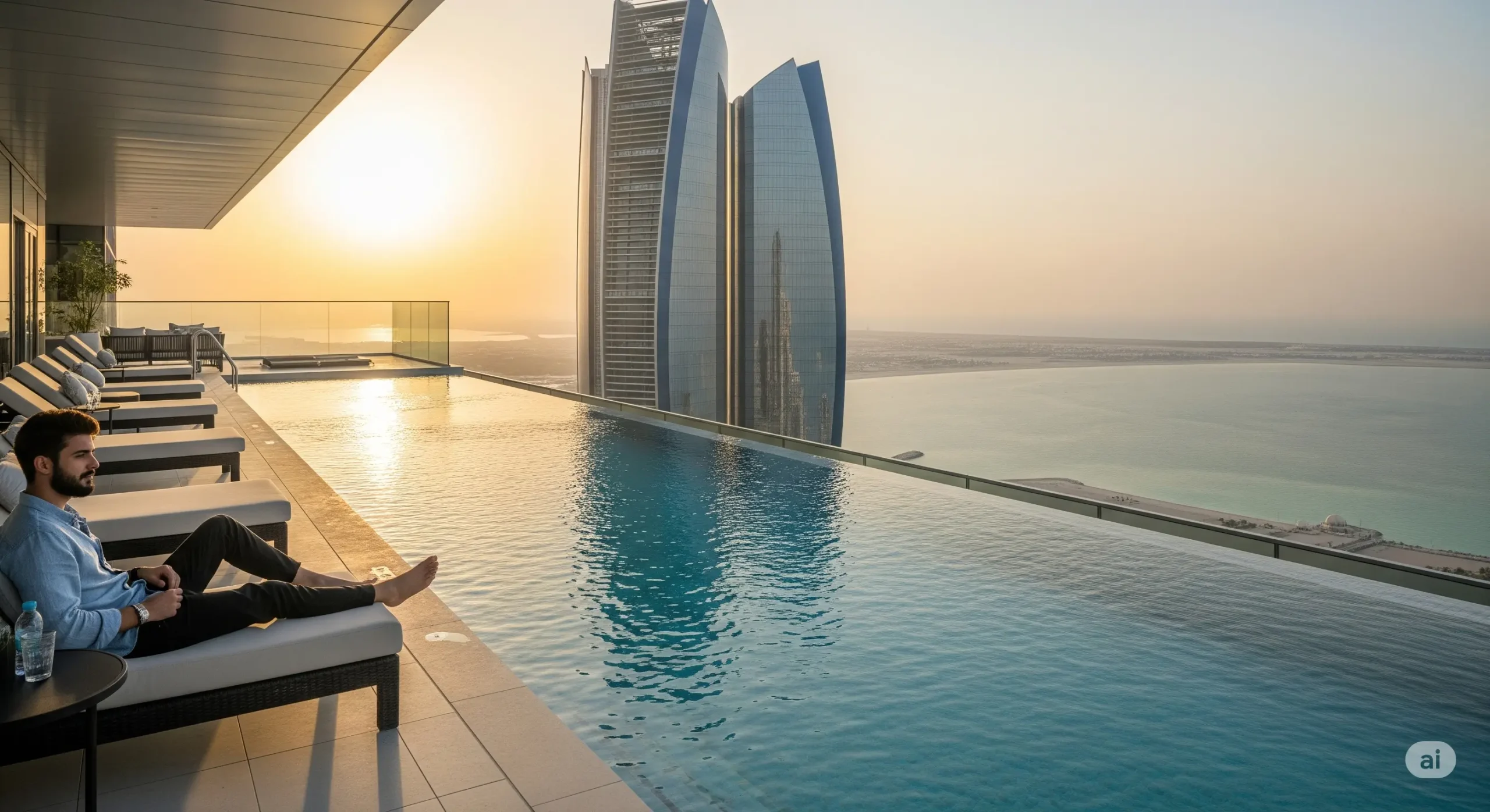 Private infinity pool on a high-rise Abu Dhabi penthouse balcony overlooking the Arabian Gulf.