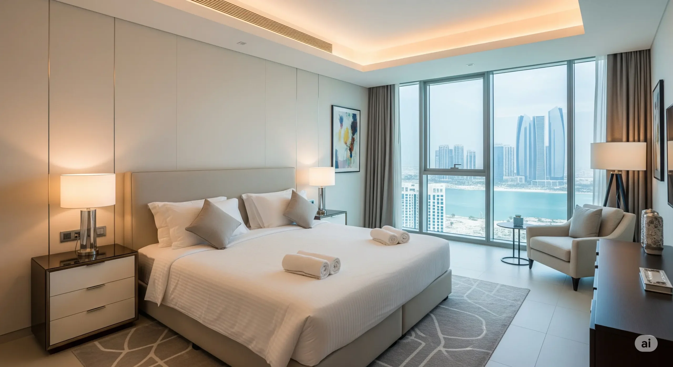Spacious and modern master bedroom of an exclusive Abu Dhabi penthouse with stunning views.
