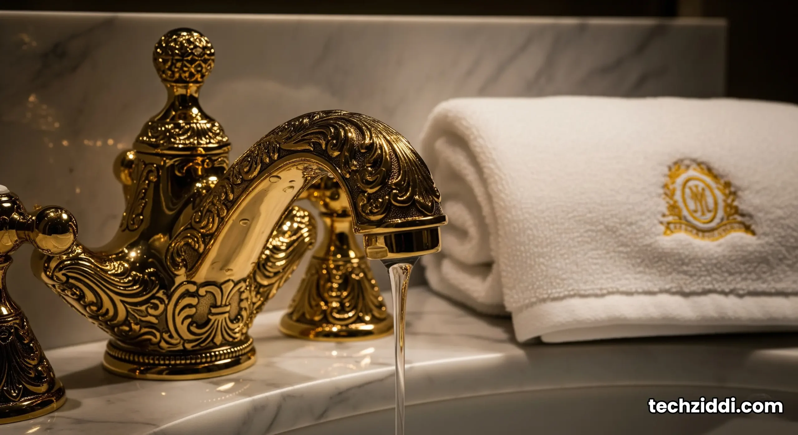 A close-up macro shot of a 24-karat gold-plated faucet in a marble bathroom inside the Burj Al Arab.