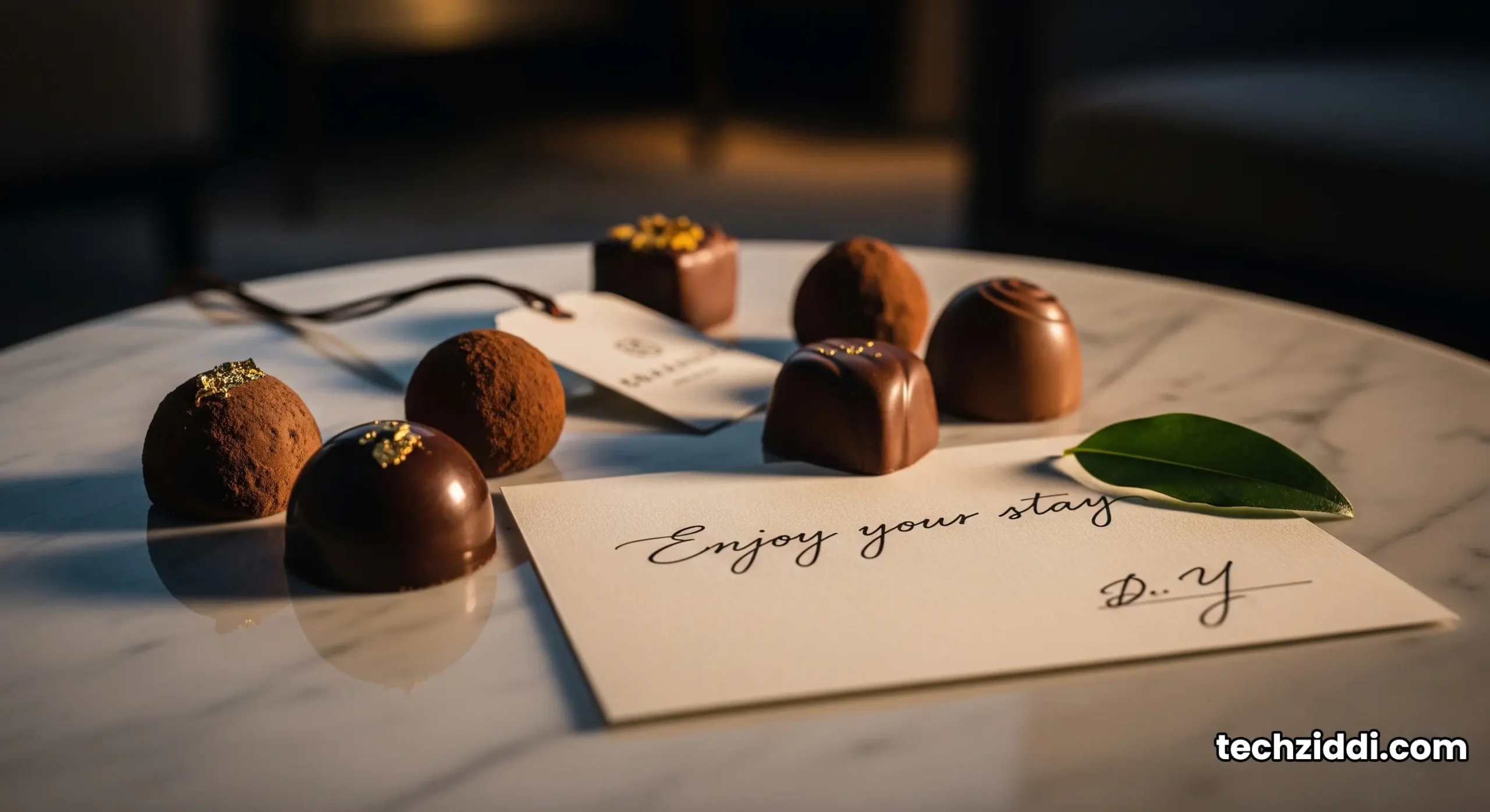 A close-up of a personalized welcome amenity in a Burj Al Arab suite, featuring artisanal chocolates and a handwritten note on a marble table.