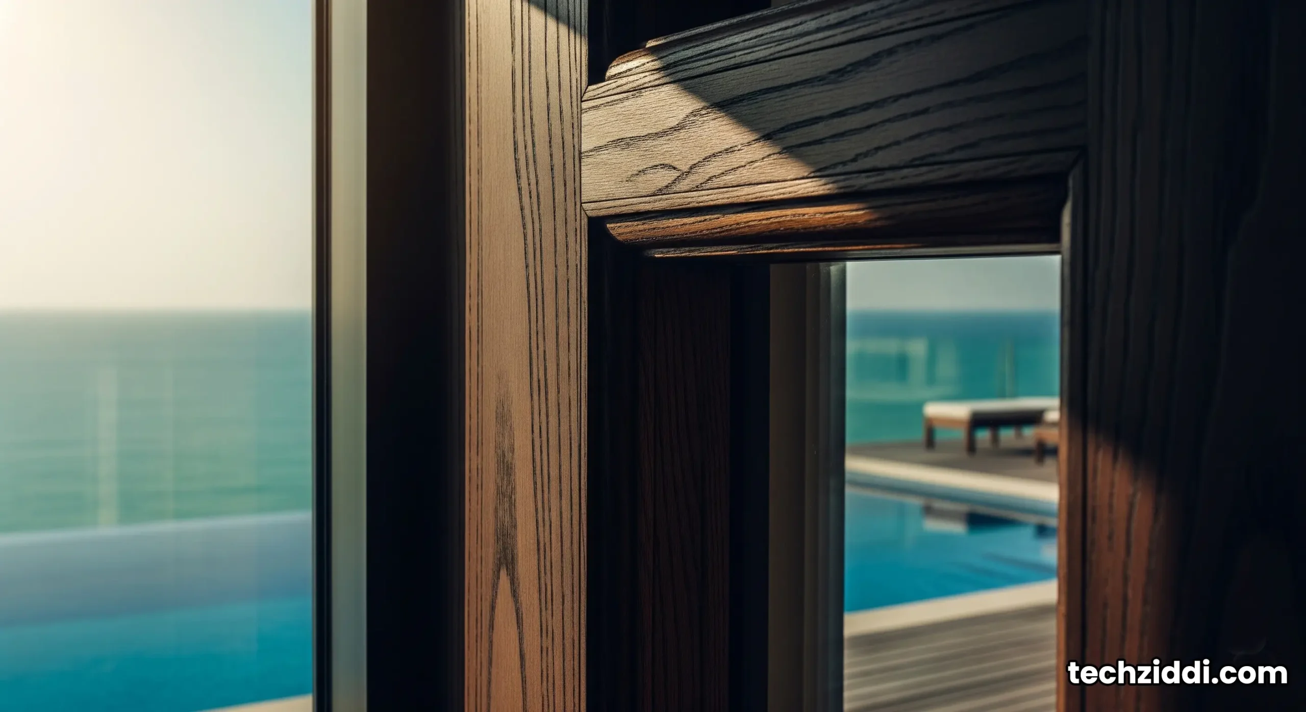 A stunning view of the turquoise sea and the exclusive pool deck from the floor-to-ceiling windows of the Royal Suite.