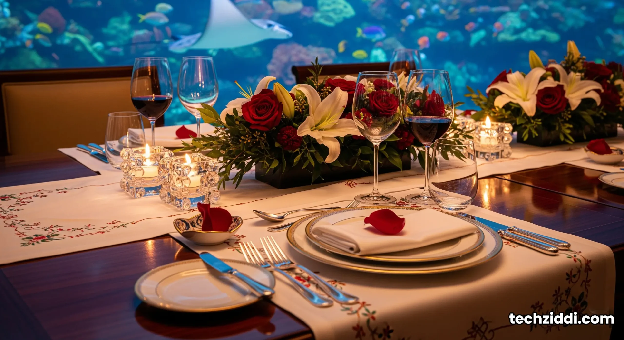 Diners sit at a table inside the Ristorante L'Olivo at Al Mahara, surrounded by the floor-to-ceiling aquarium filled with marine life.