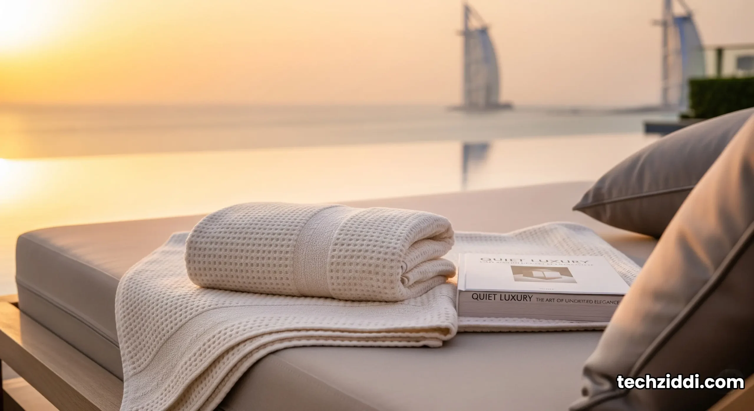 Guests relax on a luxury daybed on The Terrace at Burj Al Arab, with the infinity pool blending into the Dubai skyline.