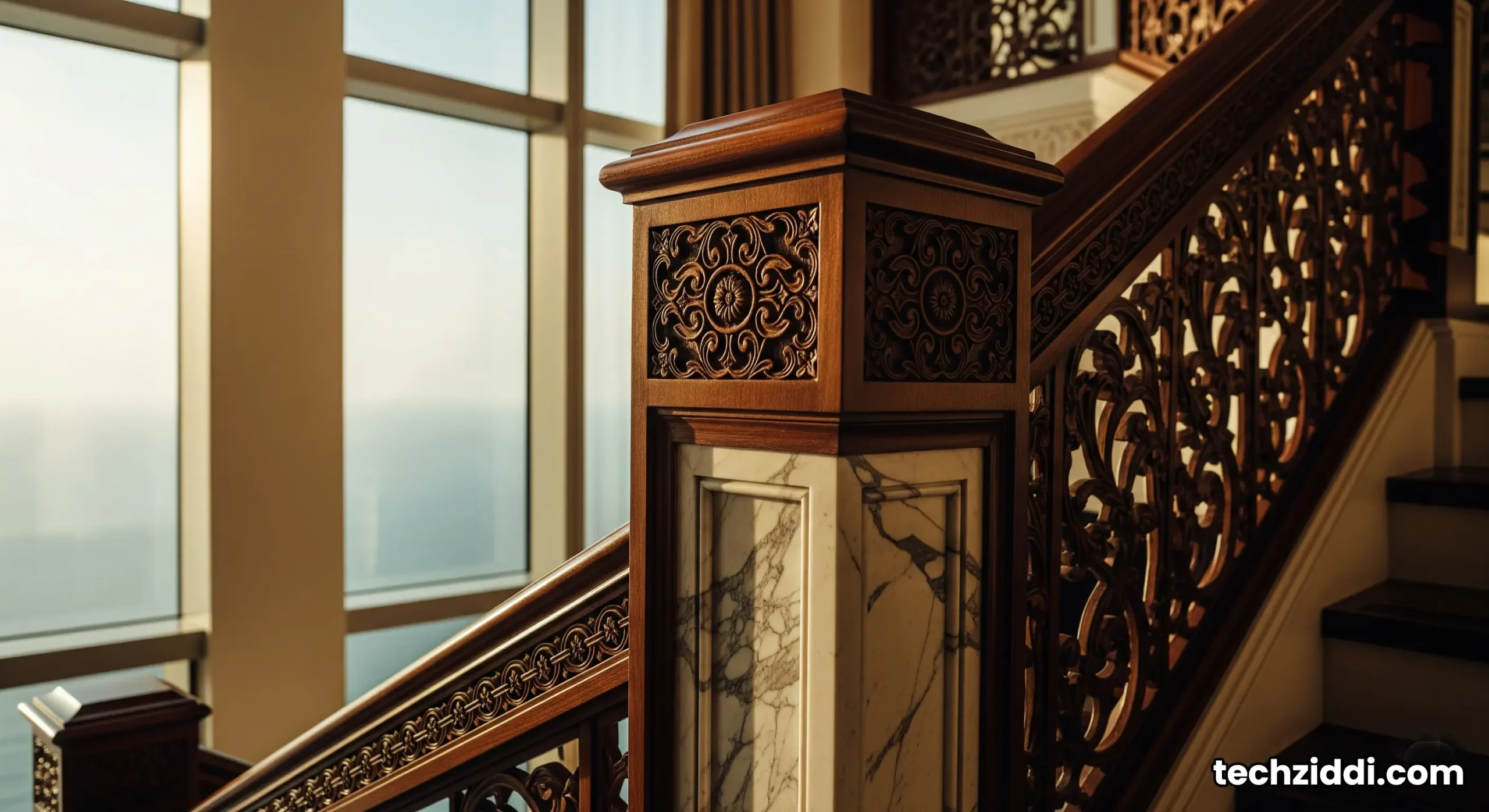 Sunlight streams into a two-story Burj Al Arab suite, showcasing the grand staircase and floor-to-ceiling views of the Arabian Gulf.