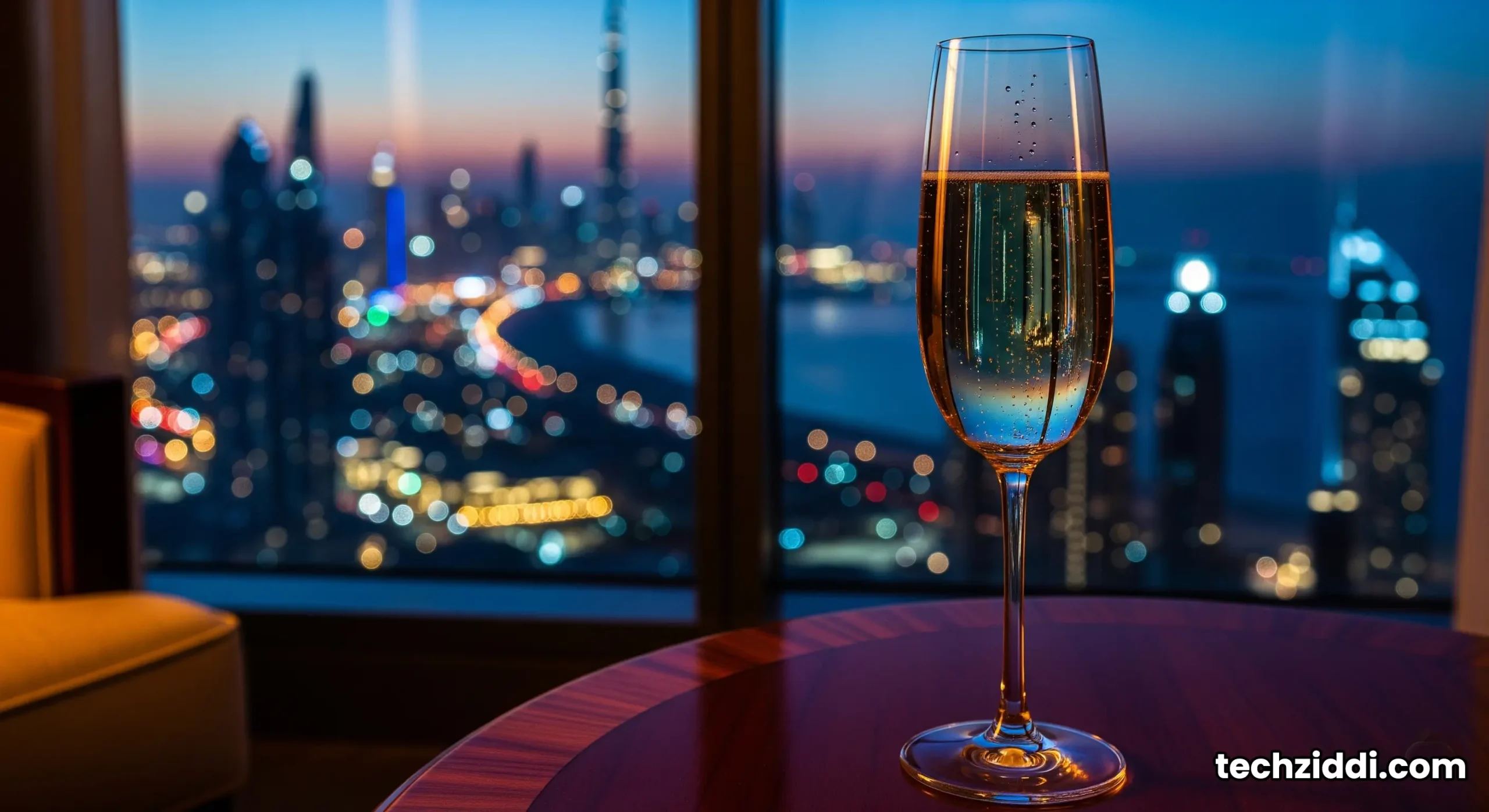 The glittering Dubai coastline at night seen from the window of a Panoramic Burj Al Arab suite.
