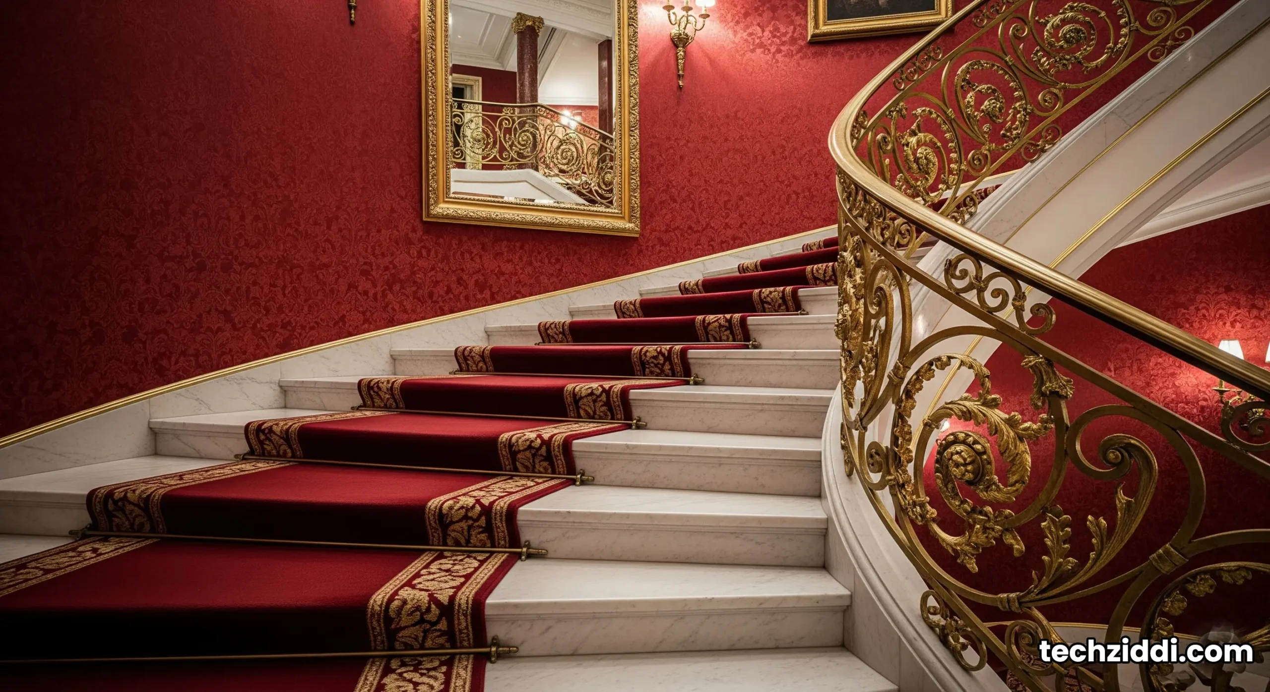The grand marble and gold staircase inside the two-story Burj Al Arab Royal Suite, showcasing its opulent design.