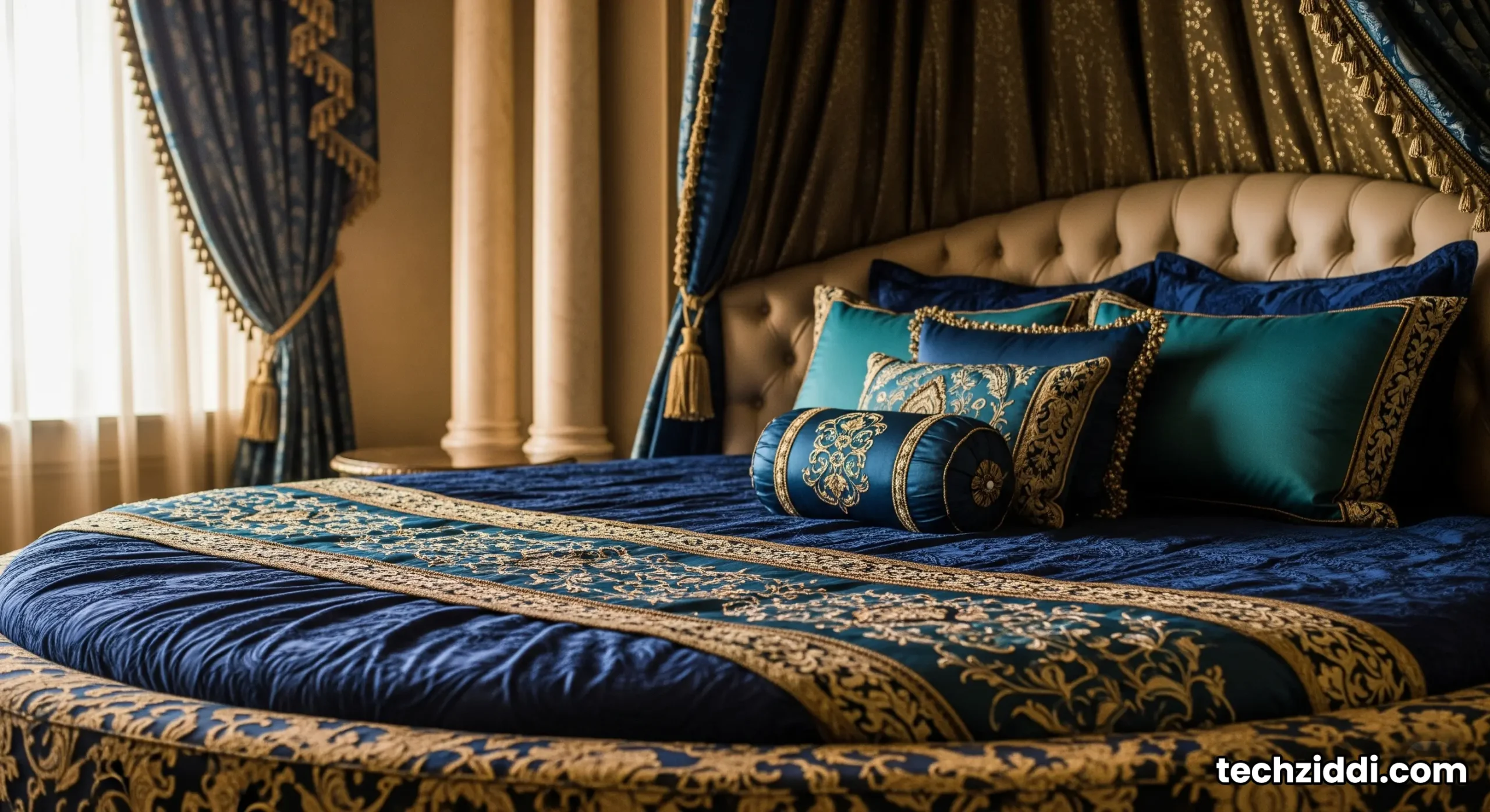 The opulent master bedroom of the Royal Suite at the Burj Al Arab, featuring a grand rotating canopy bed.