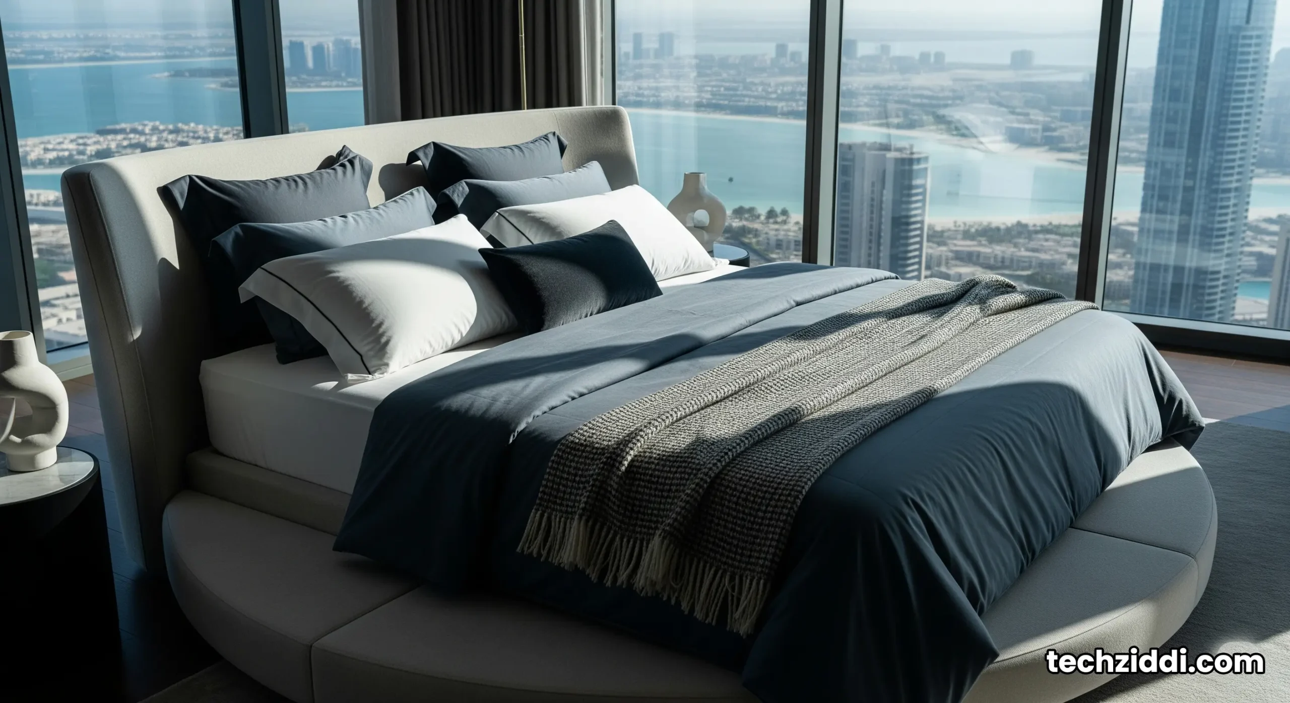The rotating canopy bed in the master bedroom of the Burj Al Arab Royal Suite, with panoramic views of the Arabian Gulf.